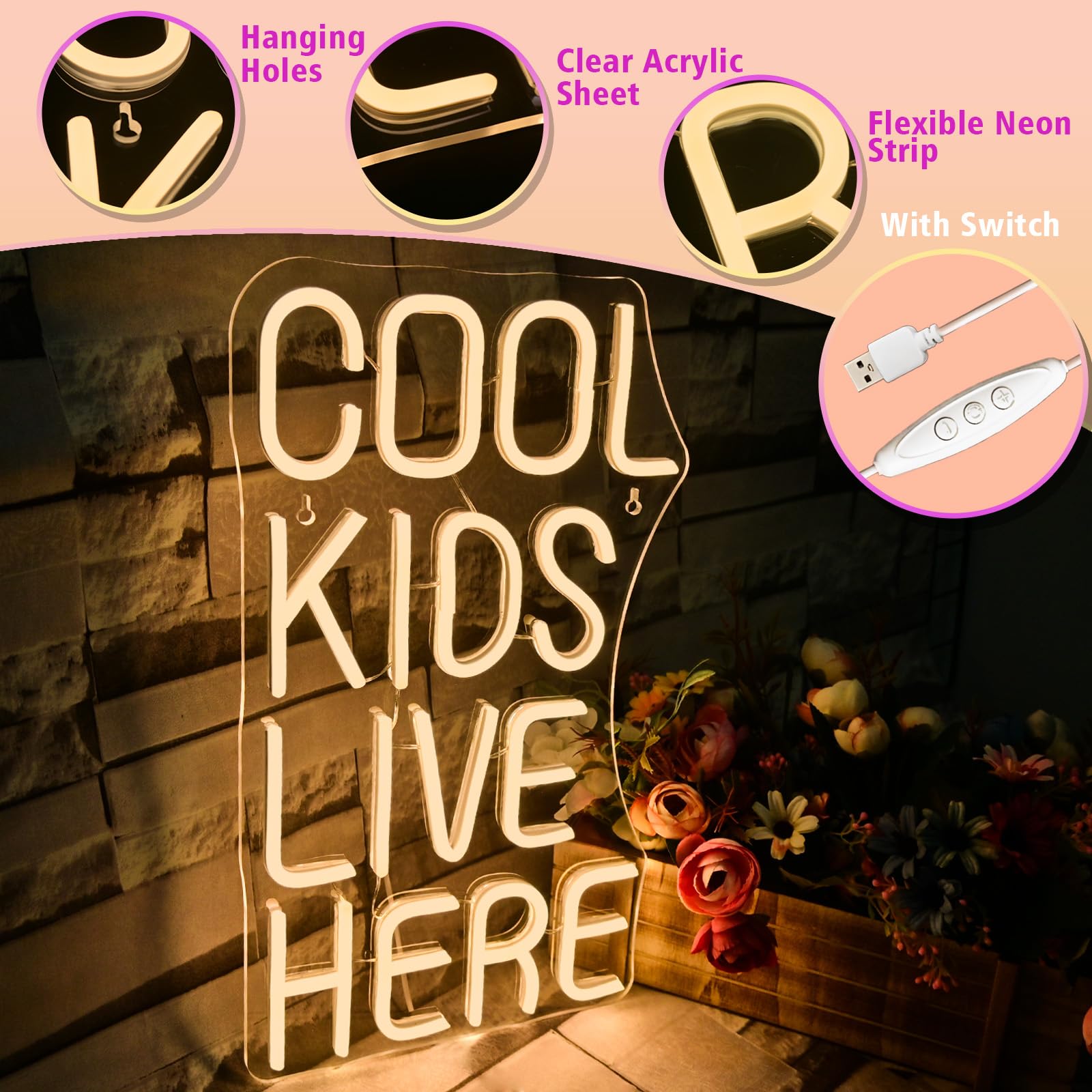 VYXIN Cool Kids Live Here Neon Sign for Wall Decor,Neon Light for Bedroom Bar Man Cave Kids Room Wall Art Decor - Image 2