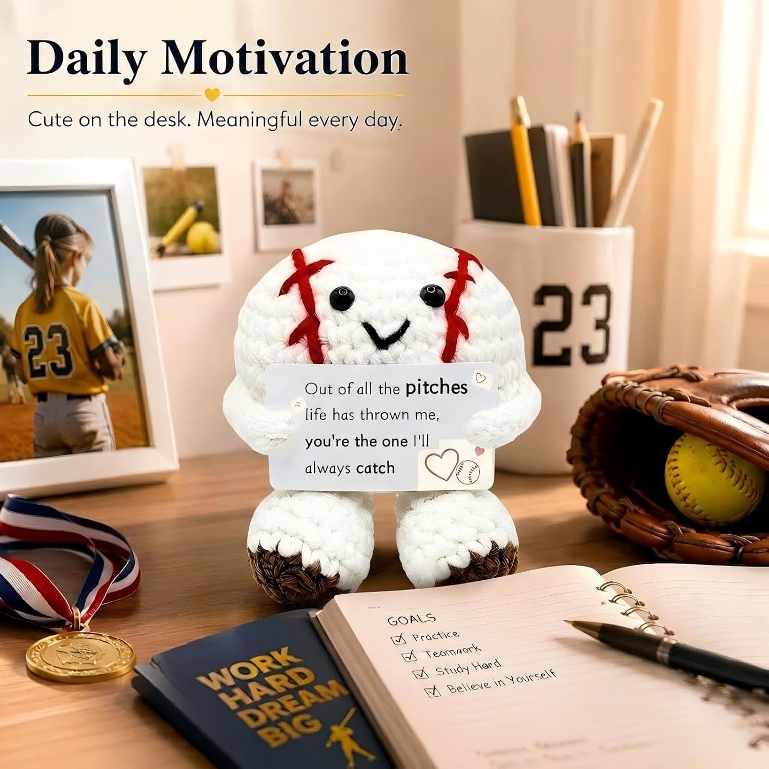 Crochet Baseball Romantic Keepsake Figurine with Love Card — Handmade Valentine Gift for Him Her, Boyfriend Girlfriend Anniversary Collectible Desk Decor (Romantic 01)