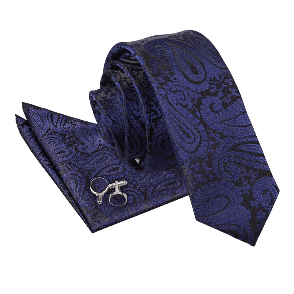 DQT Mens Paisley Floral Jacquard Skinny Tie, Pocket Square & Cufflinks Set (3pc) - Wedding, Business & Formal - Navy Blue