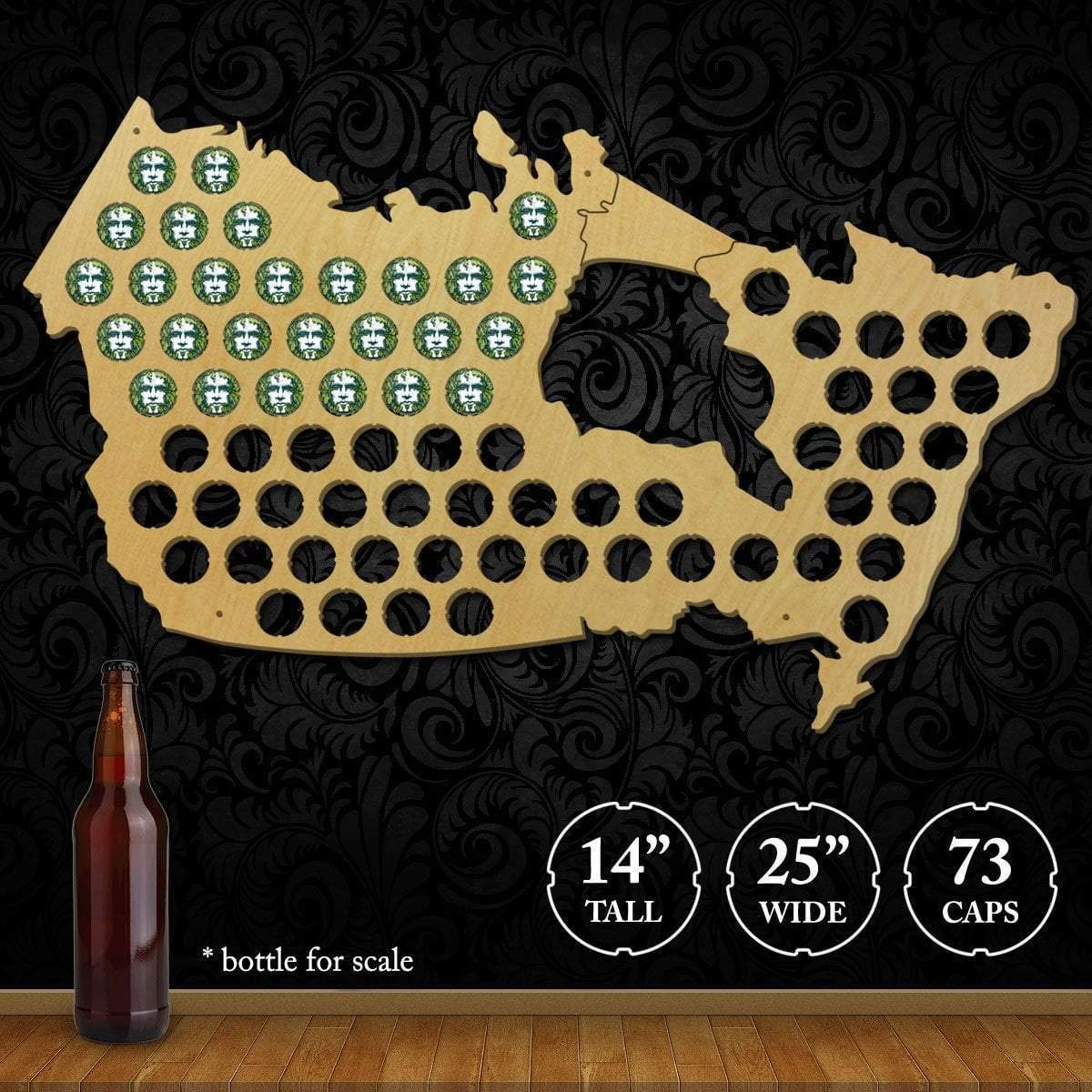 Torched Canada Beer Cap Map, Wall Mount Beer Cap Holder Display Decor Art, Great Gift for Men, Beer Lovers, and Collectors, Holds 73 Caps, 14 x 25 x 0.25 in