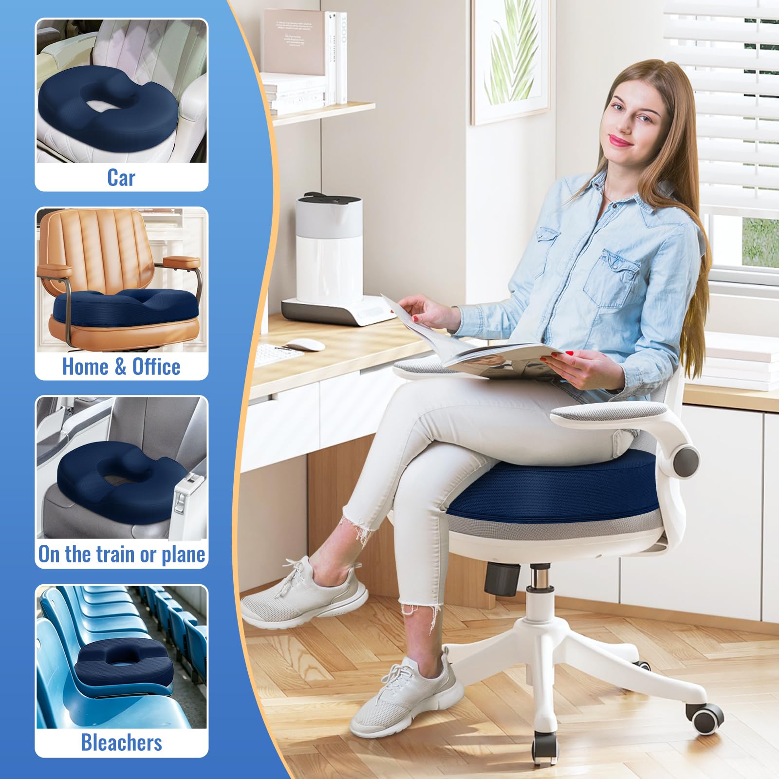 CloudBliss Cuscino da seduta a ciambella, per sollievo dal dolore al coccige ed emorroidi, in memory foam, per sedia postpartum, gravidanza, per uomini e donne, per casa e ufficio, (blu, XL)