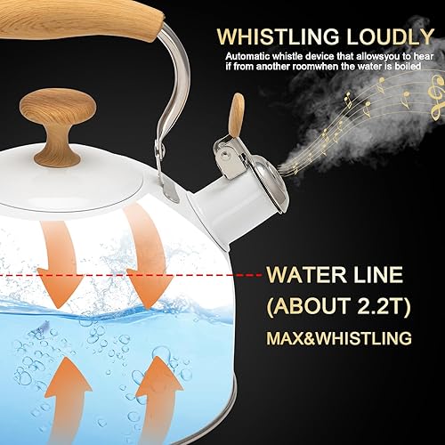 Miniatura 5 de Hervidor de té, hervidor de té silbante de acero inoxidable 304, 2.5 cuartos de galón/2.4 L para estufa de inducción y estufa de gas con mango