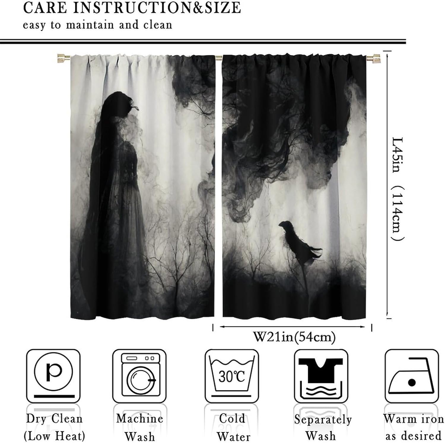 Halloween Misty Forest Curtains, Gothic Foggy Night Silhouette Birds Black Raven Crow Room Darkening Door Window Rod Pocket Curtain for Living Room Bedroom W42xL45in