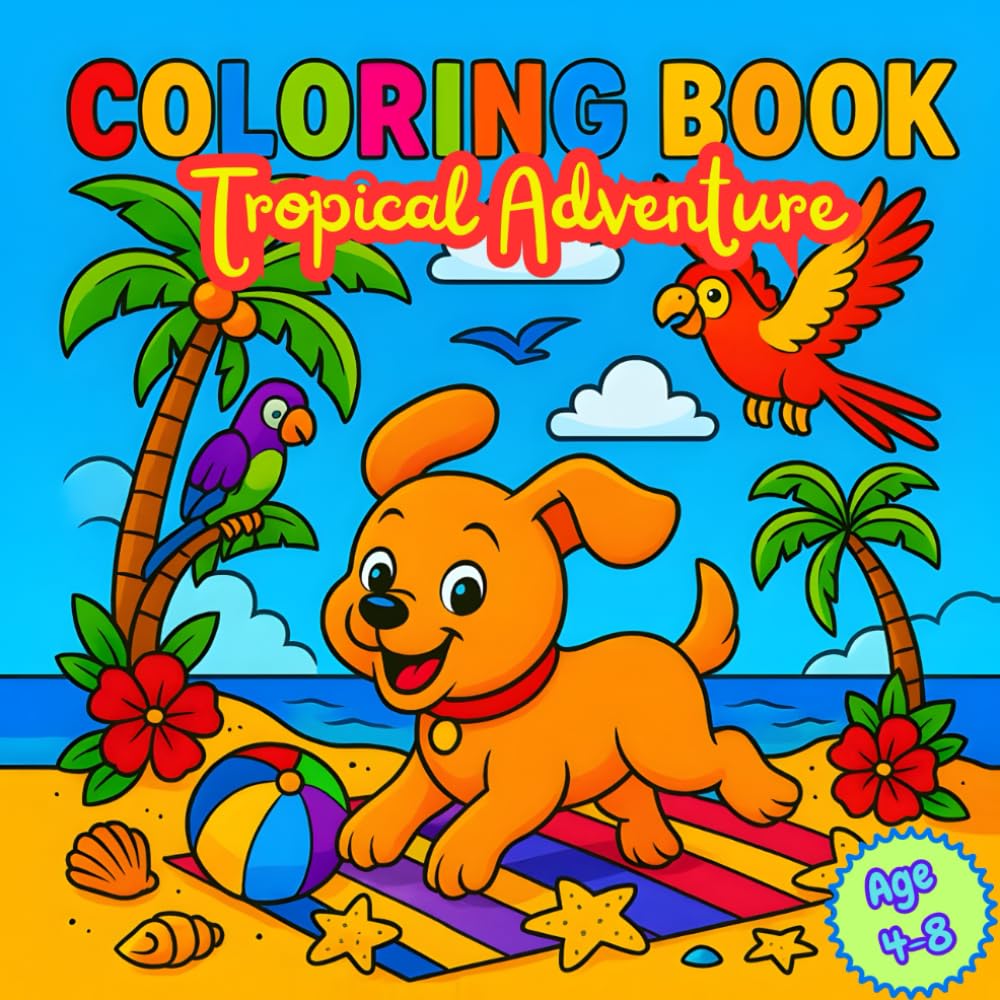 Dog Tropical Adventure Coloring Book for Kids Age 4–8: Cute Dog Coloring Pages with Tropical Beaches, Palm Trees & Fun Adventures for Boys and Girls