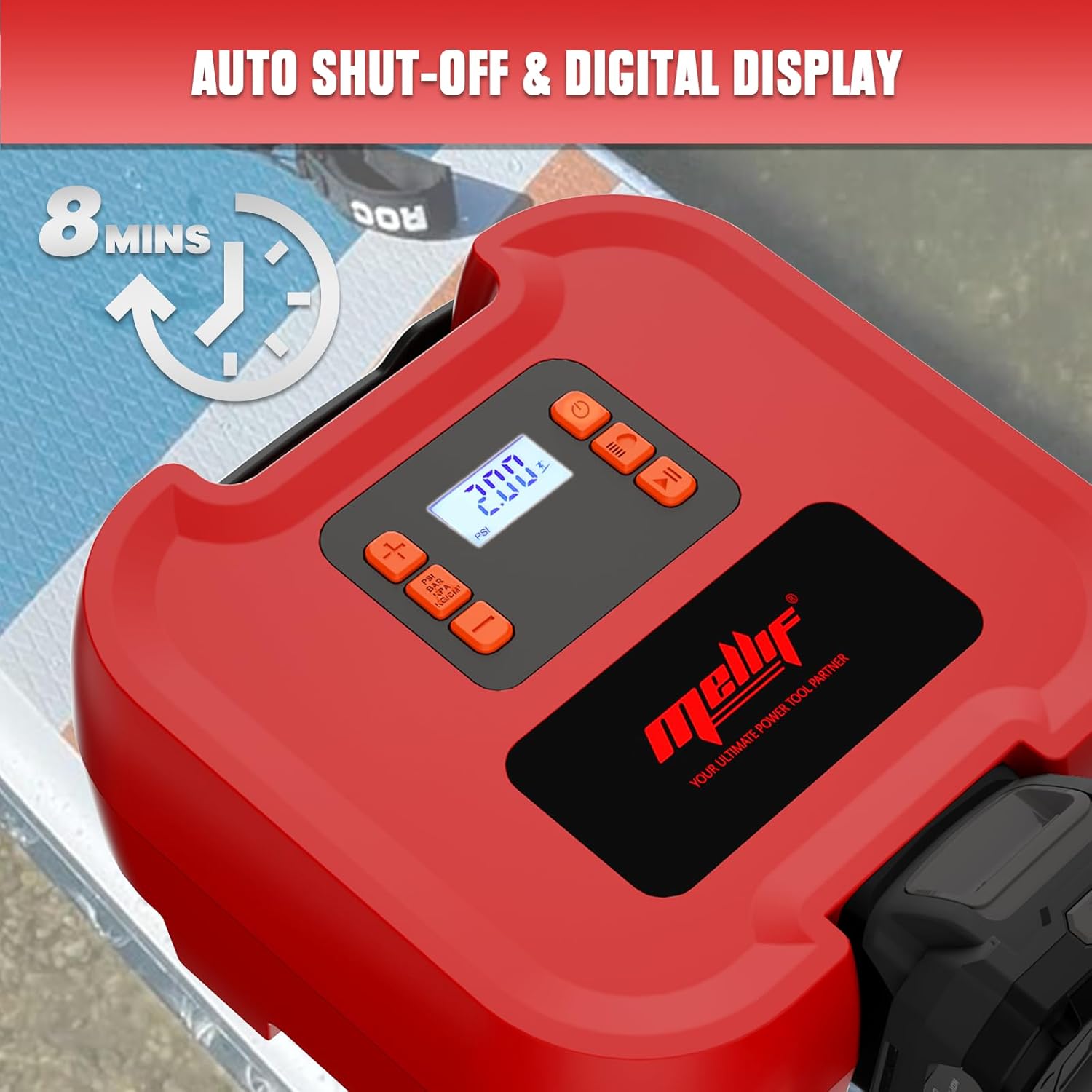 Mellif Paddle Board Pump digital display showing 20 PSI and 8 minutes inflation time