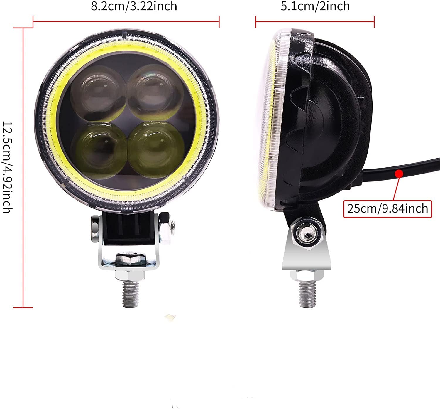 Biqing 1 Paire 12W Feux Additionnels Moto,Ronde 3Inch Phare LED Moto Avant 12V 24V Phares Supplémentaires pour Moto Feux de Jour de Moto DRL Avec Blanc Angel Eye