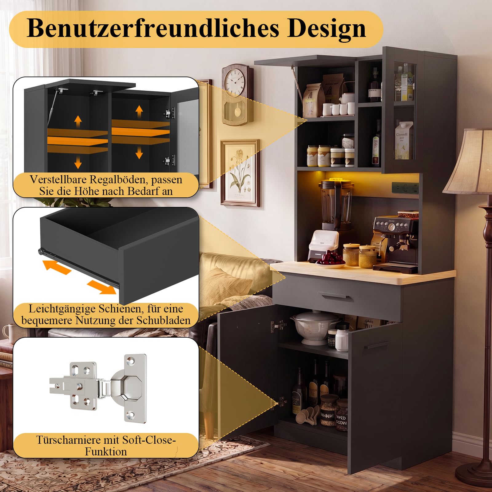 Devoko Küchenschrank mit Arbeitsplatte & Steckdose, Buffetschrank LED Soft-Close, Vorratsschrank Höhenverstellbar Verstärkte Rückwand, Mehrzweckschrank Küche Wohnzimmer, Schwarz