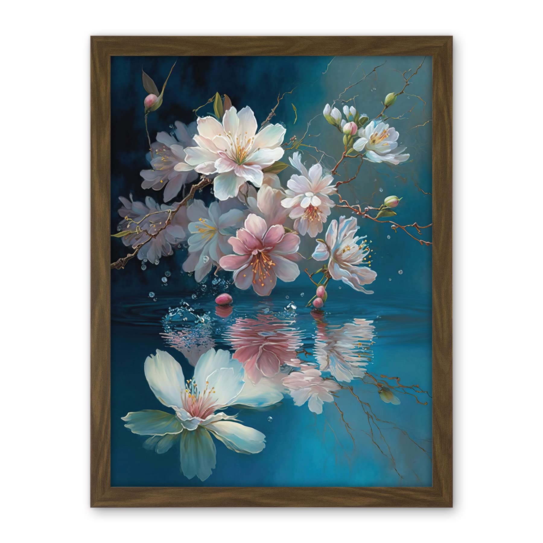 Artery8 Cherry Blossom Branch Dancing Over Water Modern Watercolour Painting Artwork Framed Wall Art Print 18X24 Inch