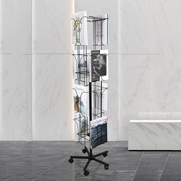 Rotating Magazine Rack, 16-Pocket Mobile Catalog Document Rack, Bookcase with Billboard for Postcards, Brochures and Greeting Cards