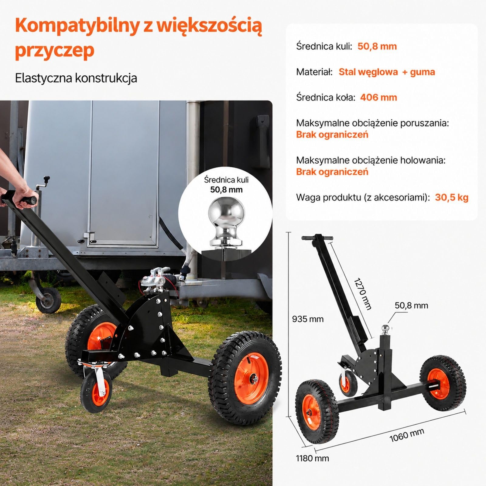 Wózek manewrowy 2 w 1 z kulą, ręczna pomoc do ustawiania przyczepy kempingowej, łodzi i lawety
