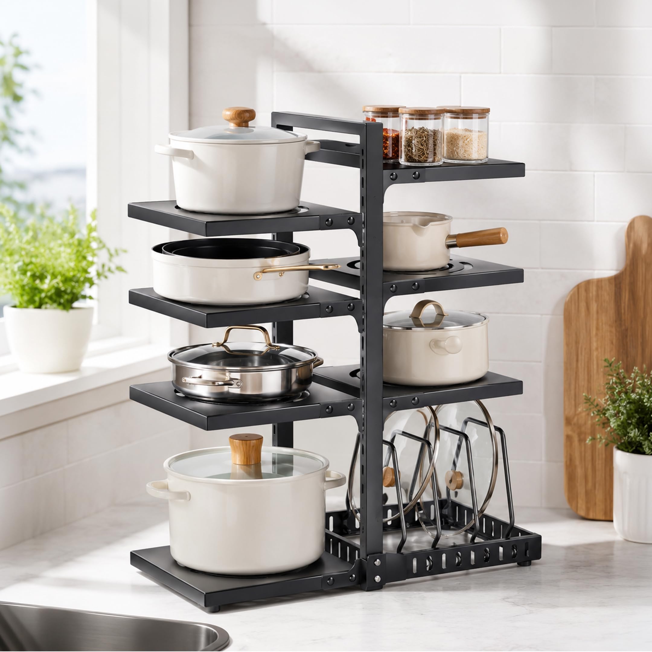 HomeEssentials Kitchen Counter Pan Rack Multipurpose Organizer - 7 Tier Adjustable Pot Holder/Shelf Drawer Stand for Crockery/Pull Out Cabinet Organizer, Utensil Holder (7 TIER)
