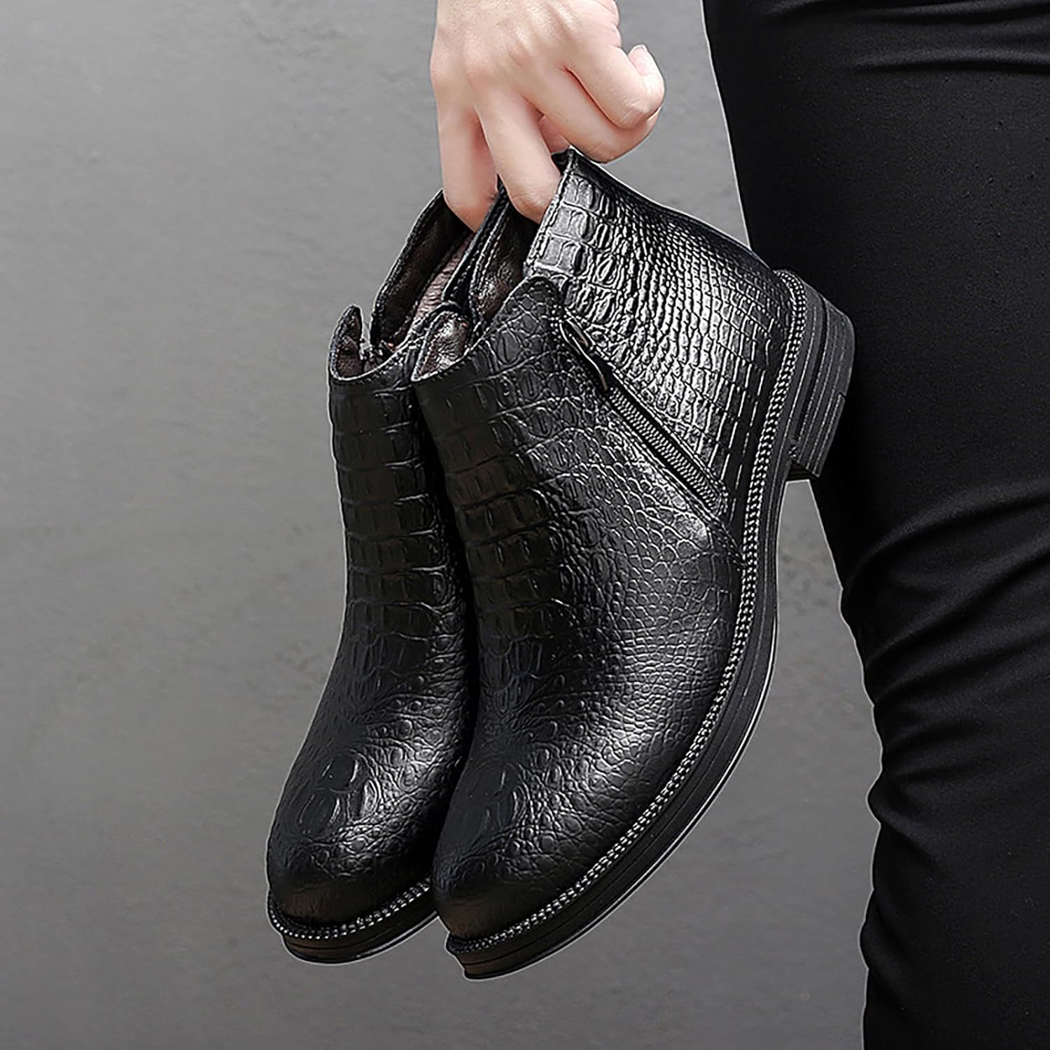 Men's Genuine Leather Alligator Printed Low Heel Ankle Boots Fashion Round Toe Side Zipper Business Dress Booties for Office Work