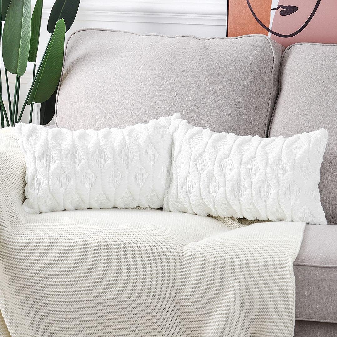 MADIZZ Set of 2 Soft Polyester Short Wool Velvet Decorative Throw Pillow Covers 12x20 inch White Rectangular Luxury Style Cushion Cases Pillow Shell for Sofa Bedroom - Image 2