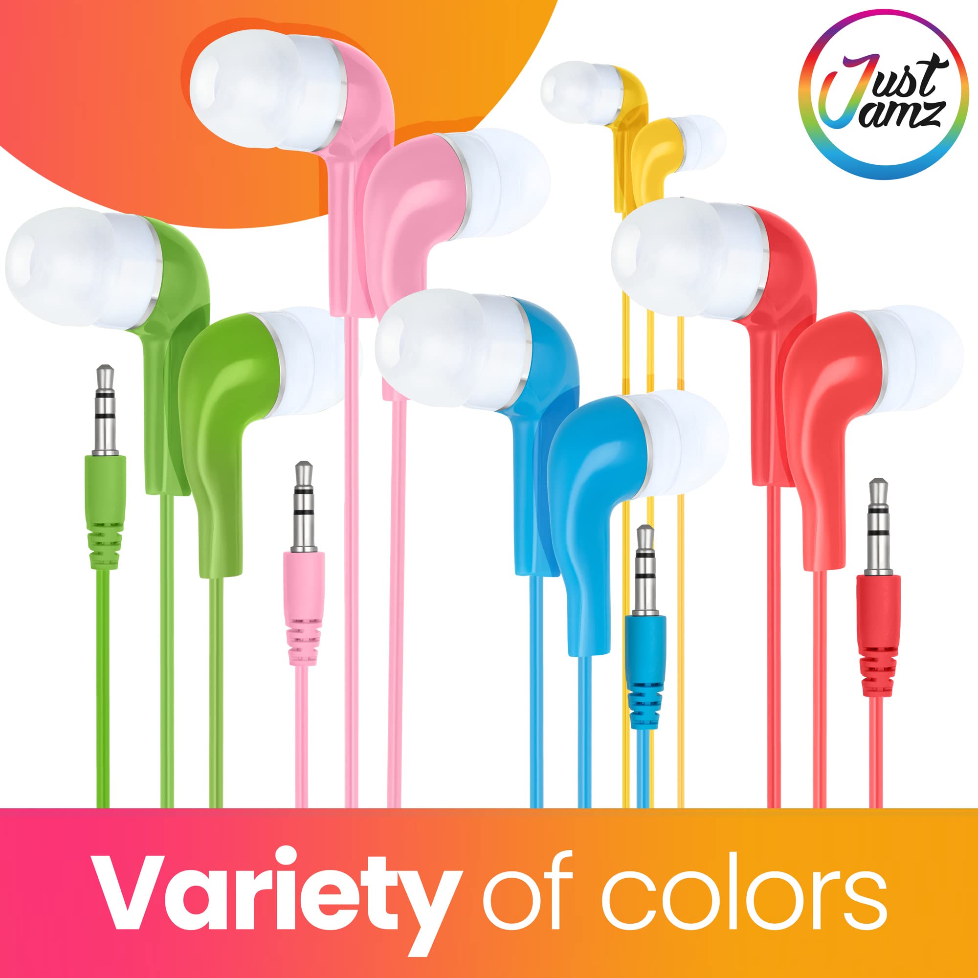 JustJamz® Basic | Confezione da 100 auricolari Jelly Roll | Jack audio da 3,5 mm per iPhone, Android e laptop | Cuffie usa e getta per bambini e adulti | Colori assortiti