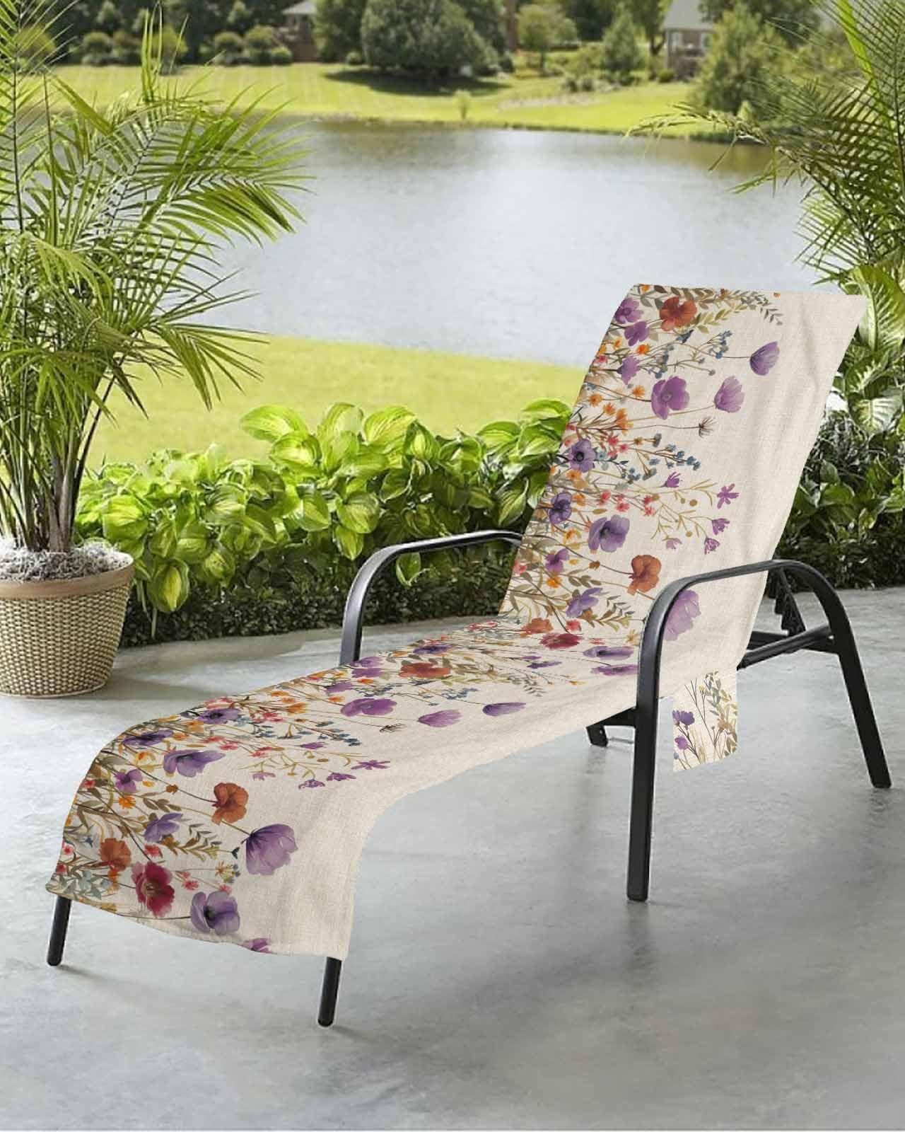 Watercolor Floral Beach Chair Towel Covers for Chaise Lounge with Side Pocket, Soft Plush Pool Towels Cover for Patio Sunbathing Outdoor Purple Botany Country Nature Aesthetics Blooms 29''x85''