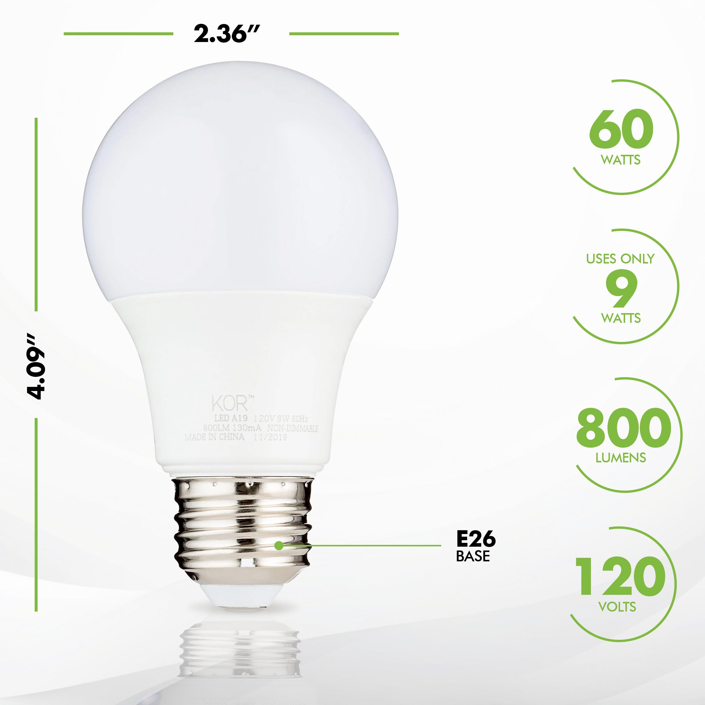 KOR 6 Pack A19 LED Light Bulb, 60W Equivalent, 3000K Soft White