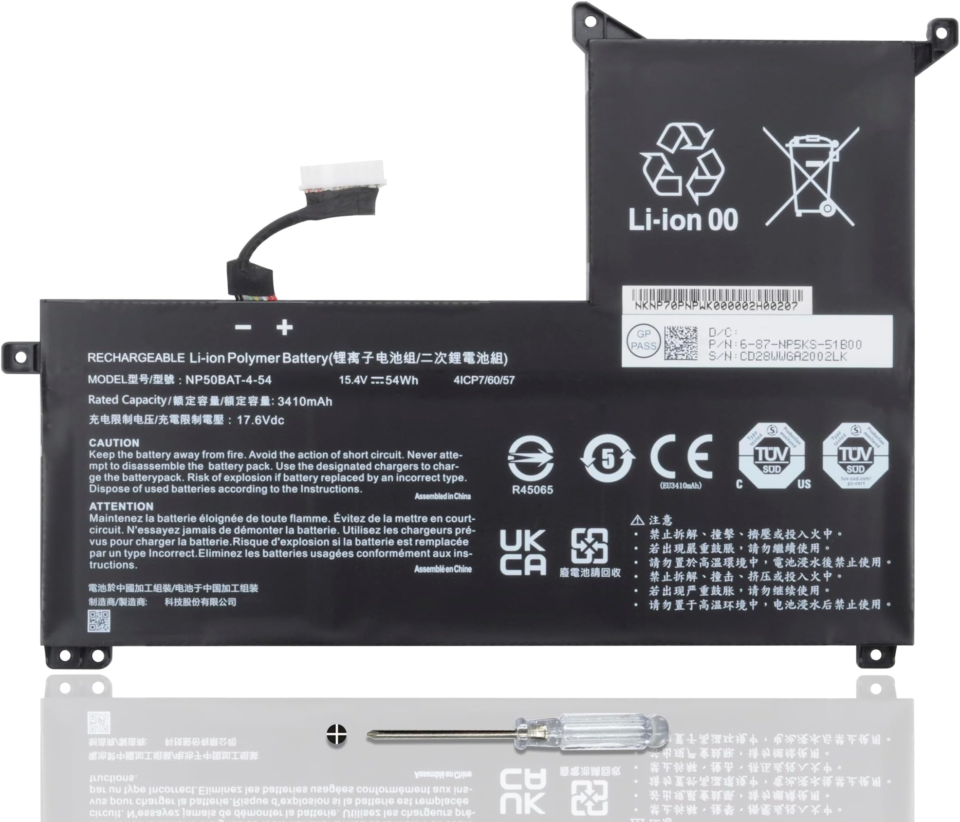 - NP50BAT-4-54 6-87-NPSKS-53G00 Laptop Battery for Clevo NP70 X17 AT22 G7 KE XMG Focus 16 X15 at 4ICP7/60/57 15.4V/54Wh/3510mAh/4Cell