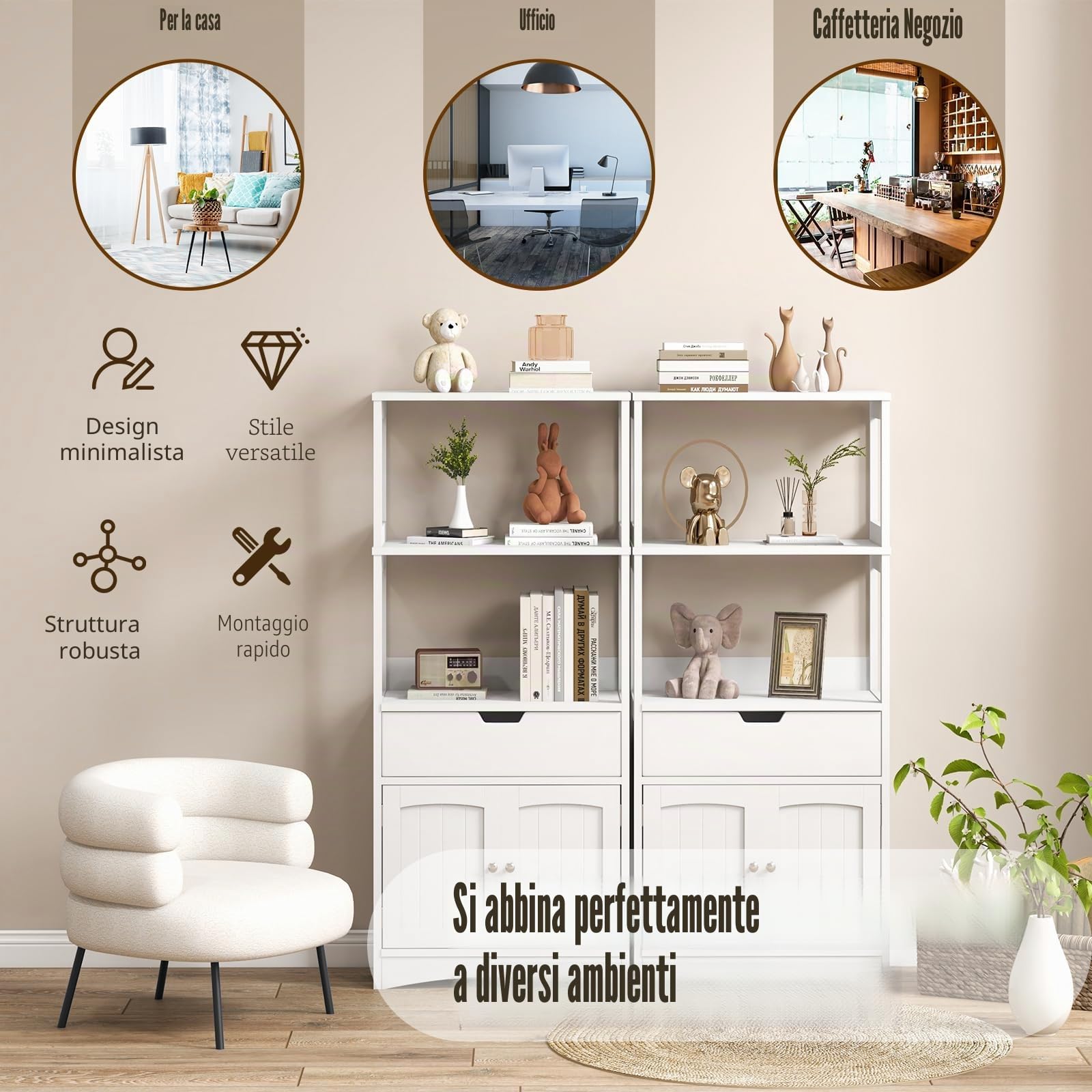 KOMFOTTEU Mobile portaoggetti con ripiano a 3 livelli, armadio alto in legno, dispositivo antiribaltamento, cassetto e armadio a 2 ante, moderno, 60 x 32,5 x 122 cm (bianco)
