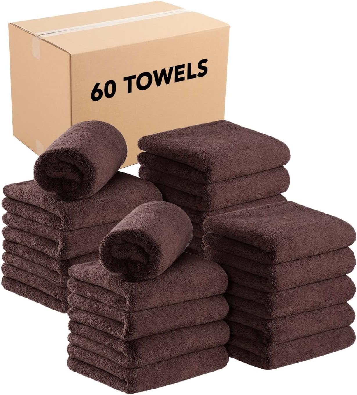 Arkwright Microfiber Coral Fleece Salon Towels Bulk - Case of 60 - Bleach Safe Resistant, Absorbent Hair Drying Towel Set, Perfect for Resort, Hotel, and Spa, 16 x 27 in, Brown