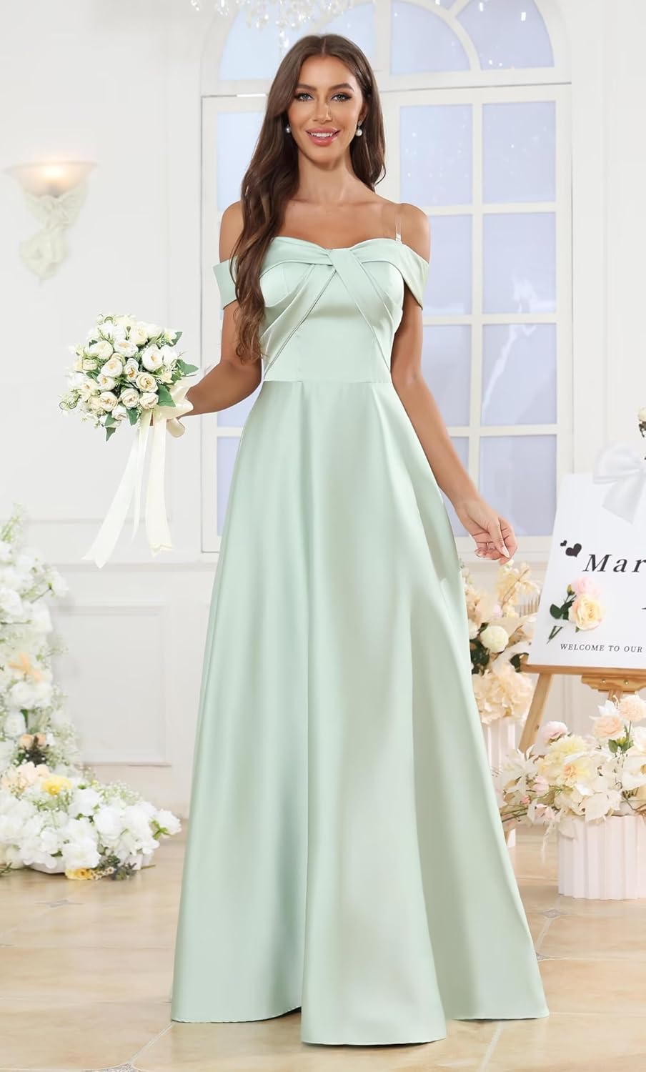 Satin Off Shoulder Bridesmaid Dresses for Women Elegant A-Line Floor Length Bow Formal Evening Gown