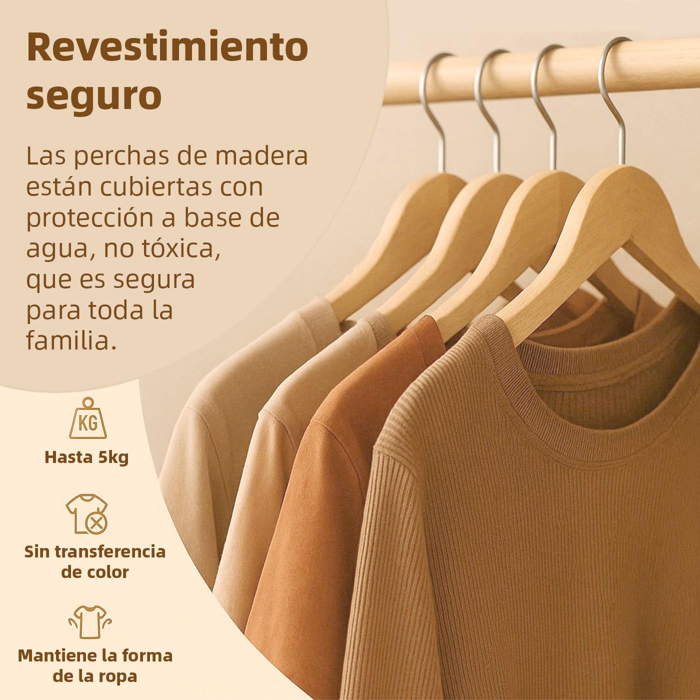 ACCRUX-Perchas de Madera Color Natural, Colgador Antideslizante con Barra para Pantalones y Trajes, Gancho Giratorio 360º y Muescas Antideslizantes para Vestidos y Blusas. (Madera, 6 Unidades)
