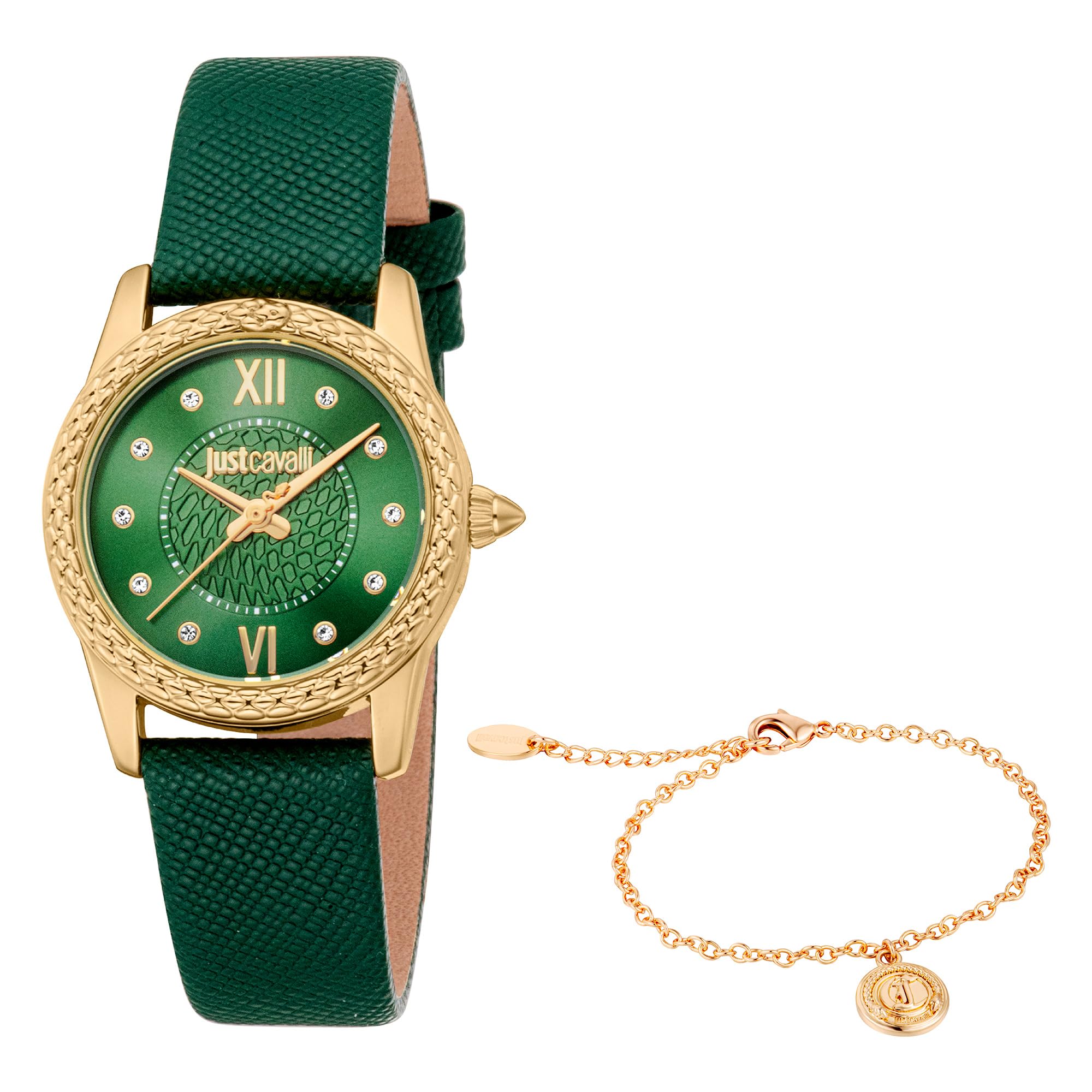 Just Cavalli Set Sublime Animalier - Orologio Donna Al Quarzo Moda Cinturino In Pelle Verde Cassa In Metallo Quadrante Analogico Verde - JC1L360L0025