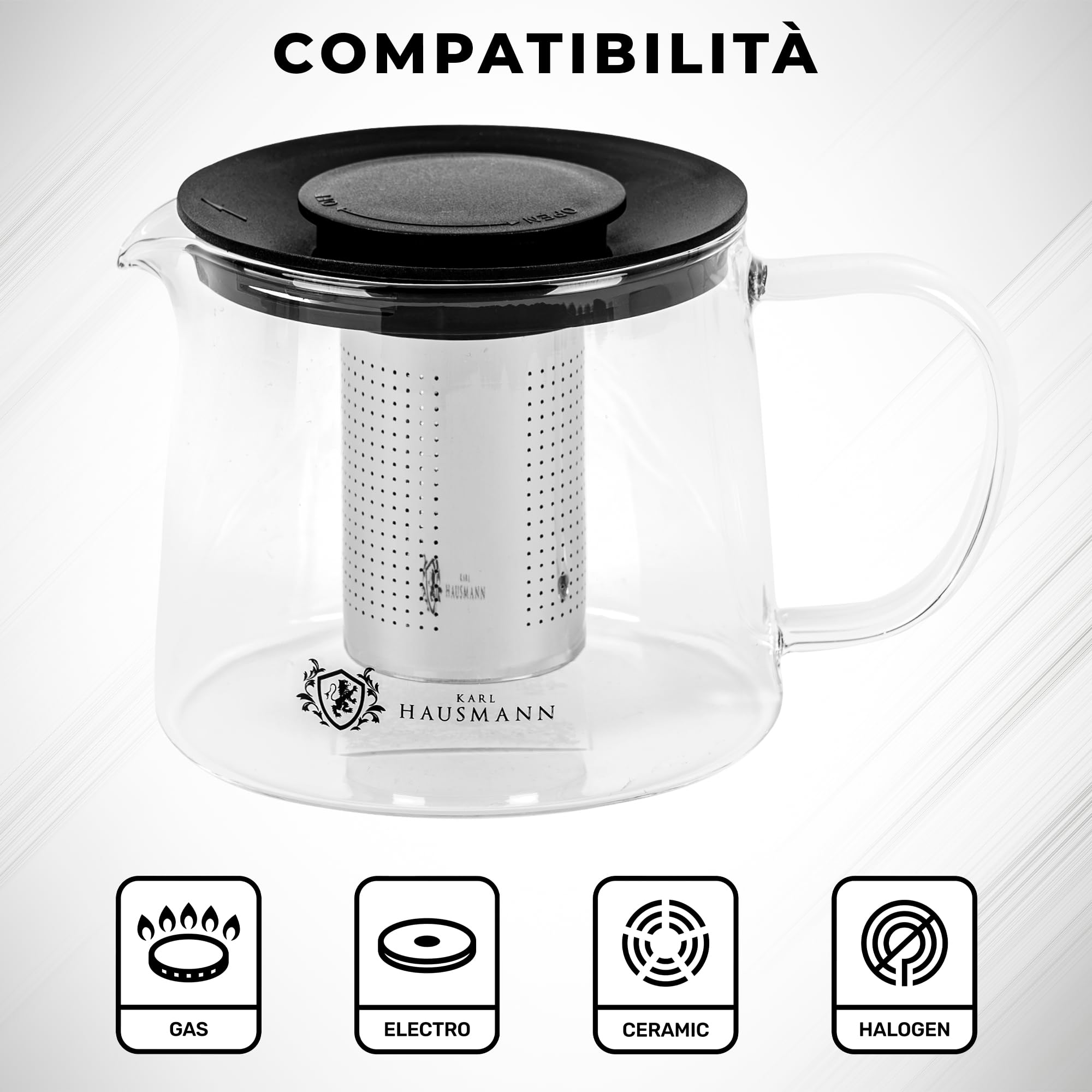 KARL HAUSMANN Teiera in Vetro 1L con Infusore - Tisaniera per Fornelli (gas, vetroceramica, elettrico) | Infusione Diretta, Beccuccio Antigoccia,Lavabile in Lavastoviglie