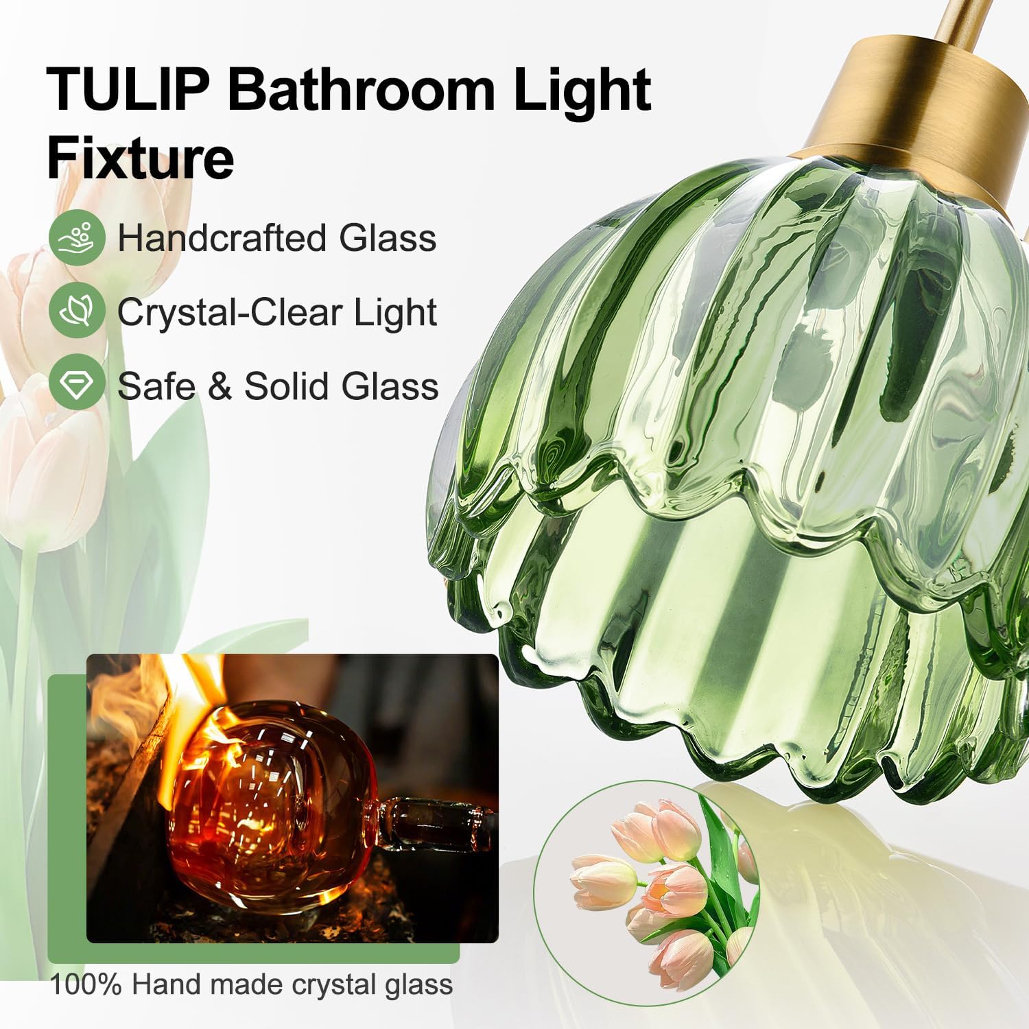 4-Light Bathroom Light Fixtures, 27" Brushed Gold Vanity Lights for Bathroom with Ribbed Green Tulip Glass Shade, Vintage Bathroom Vanity Lighting Fixtures Over Mirror for Bedroom Living Room Hallway