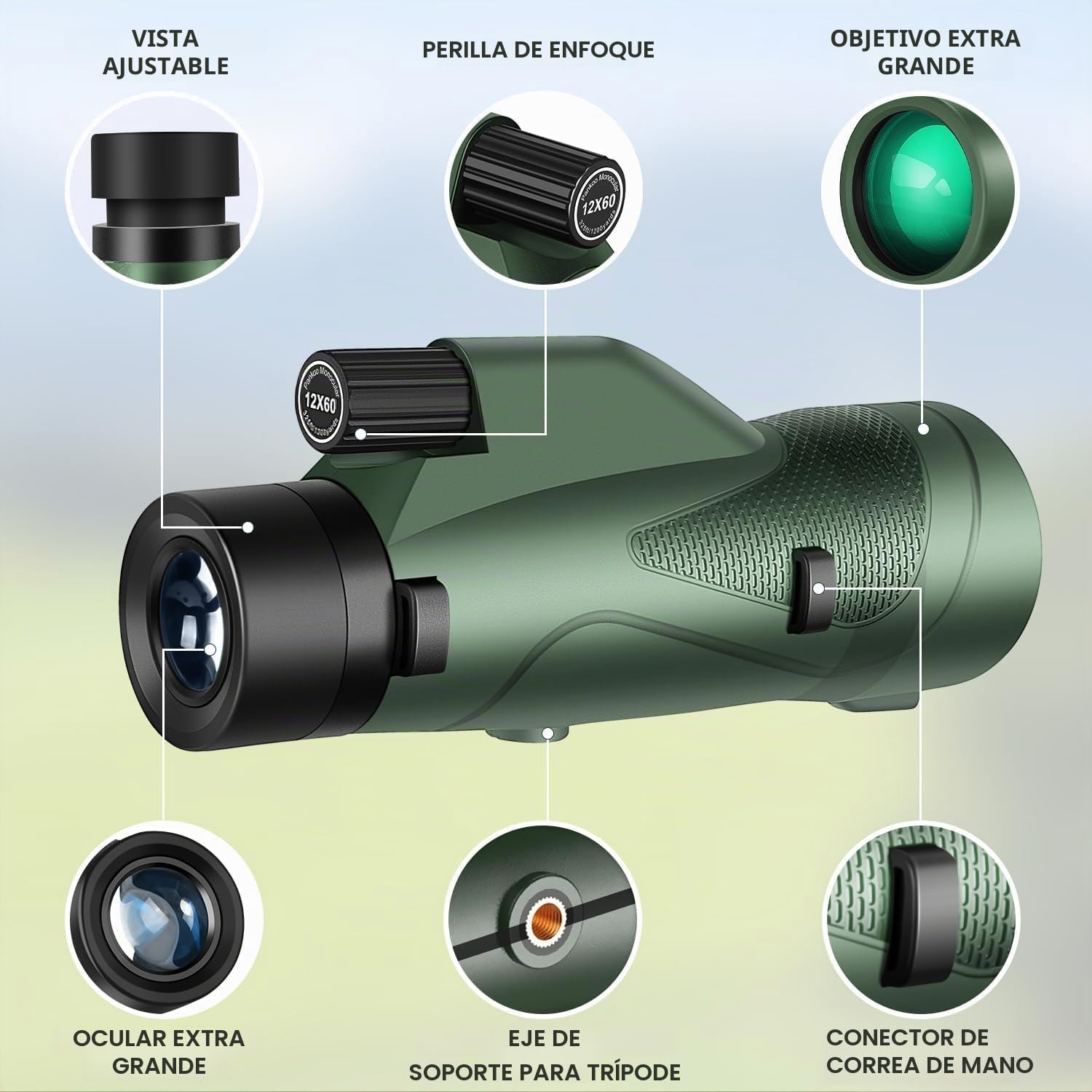 Pankoo Telescopio monocular HD 12 x 60 para adultos | Se entrega con adaptador para smartphone, trípode y correa de muñeca | Ideal para observación de aves, deportes, senderismo, viajes
