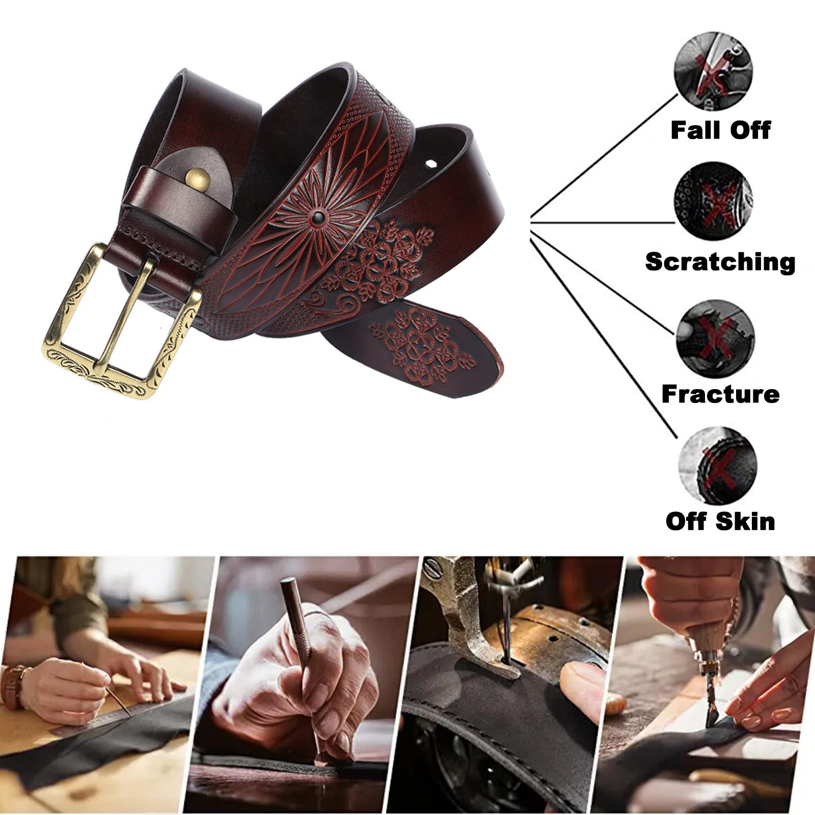Gürtel Für Herren Und Damen Prägung Rindslede Ledergürtel Im Western Blume Style Vintage Jeansgürtel Mit Golden Schnalle, Versch Größen(105cm/waist:35", Coffee)