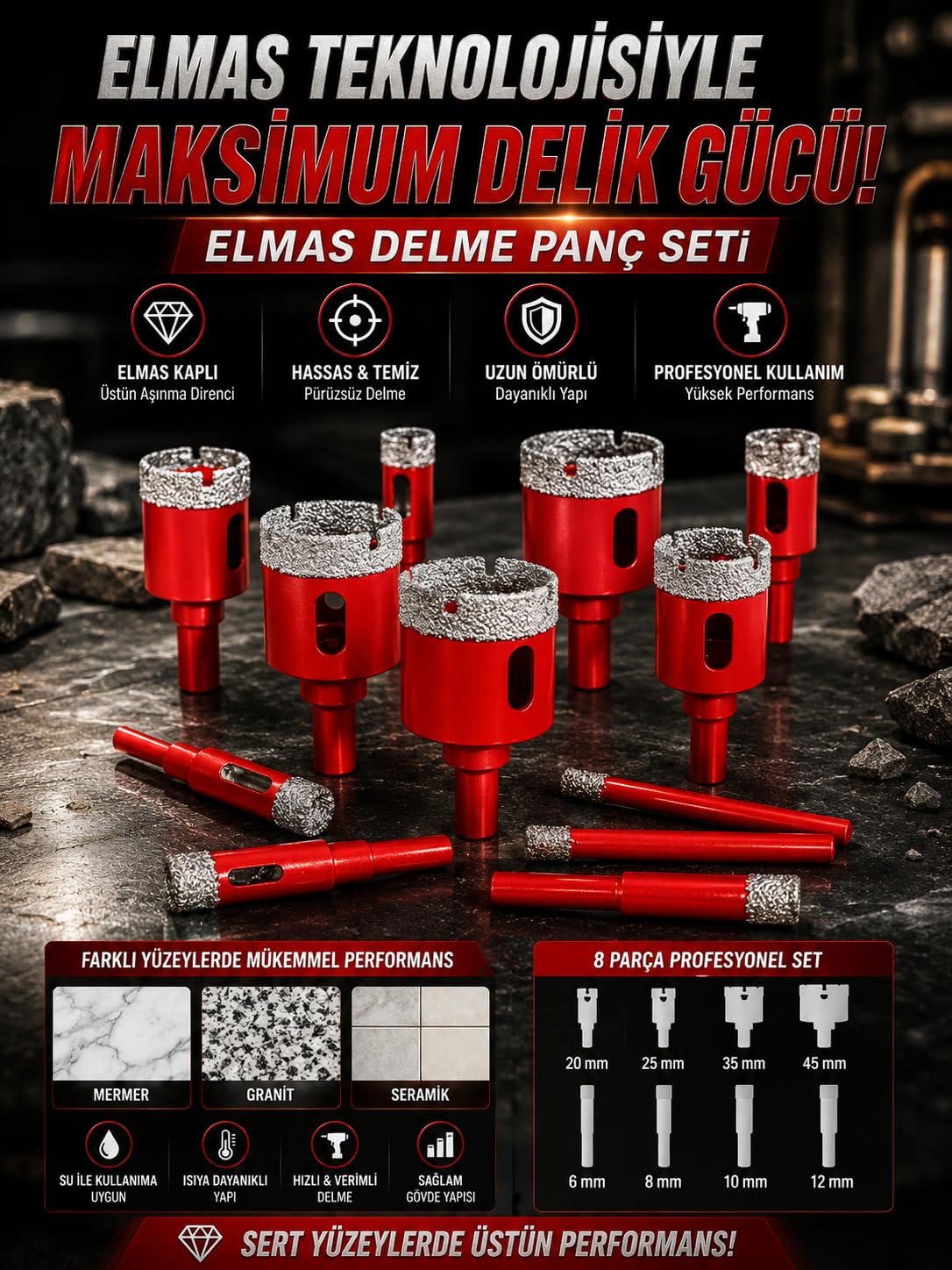 Mucit Home Diamond Pro 12 Parça Elmas Uçlu Mermer Fayans Delme Seti - Profesyonel Delici Panç