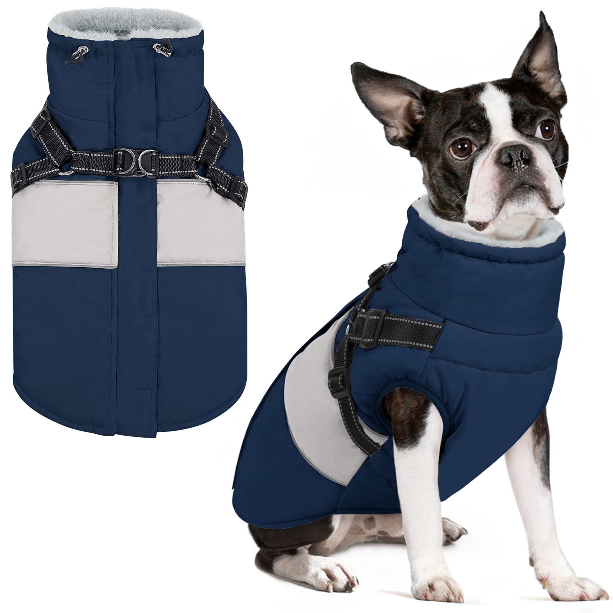 AOFITEE Small Dog Coat, Dog Winter Coat with Harness Built in, Warm Dogs Jacket with Zipper & Polar Fleece Collar