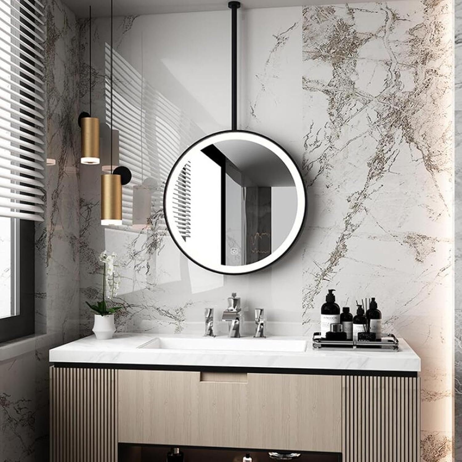 Specchio da bagno rotondo a LED, montaggio a soffitto, specchio per trucco da parete con luci, specchio illuminato con asta per appenderlo, dimmerabile, specchio da toeletta per soggiorno e ingresso