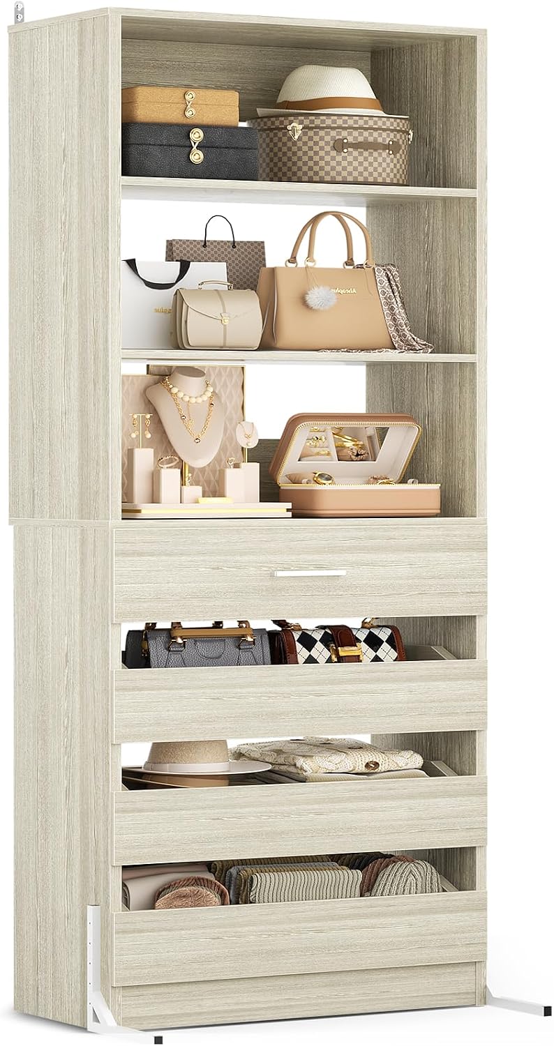 Aheaplus 80 Inches Tall Storage Cabinet Unit with Open Shelves, Bookshelf Organizer for Bedroom, Living Room, Home Office, White Oak