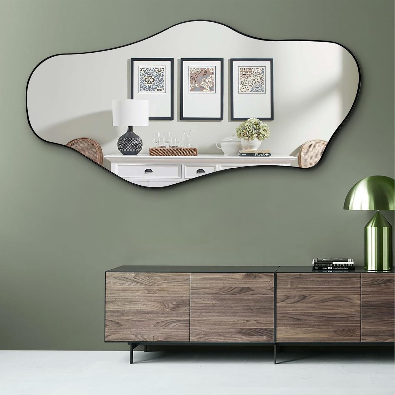 large irregular mirror, asymmetrical wall mirror, 55"x25.6" wavy shaped mirrors decorative, modern abstract mirrors for living room bathroom bedroom hallway entryway fireplace black 55"l x 25.6"w
