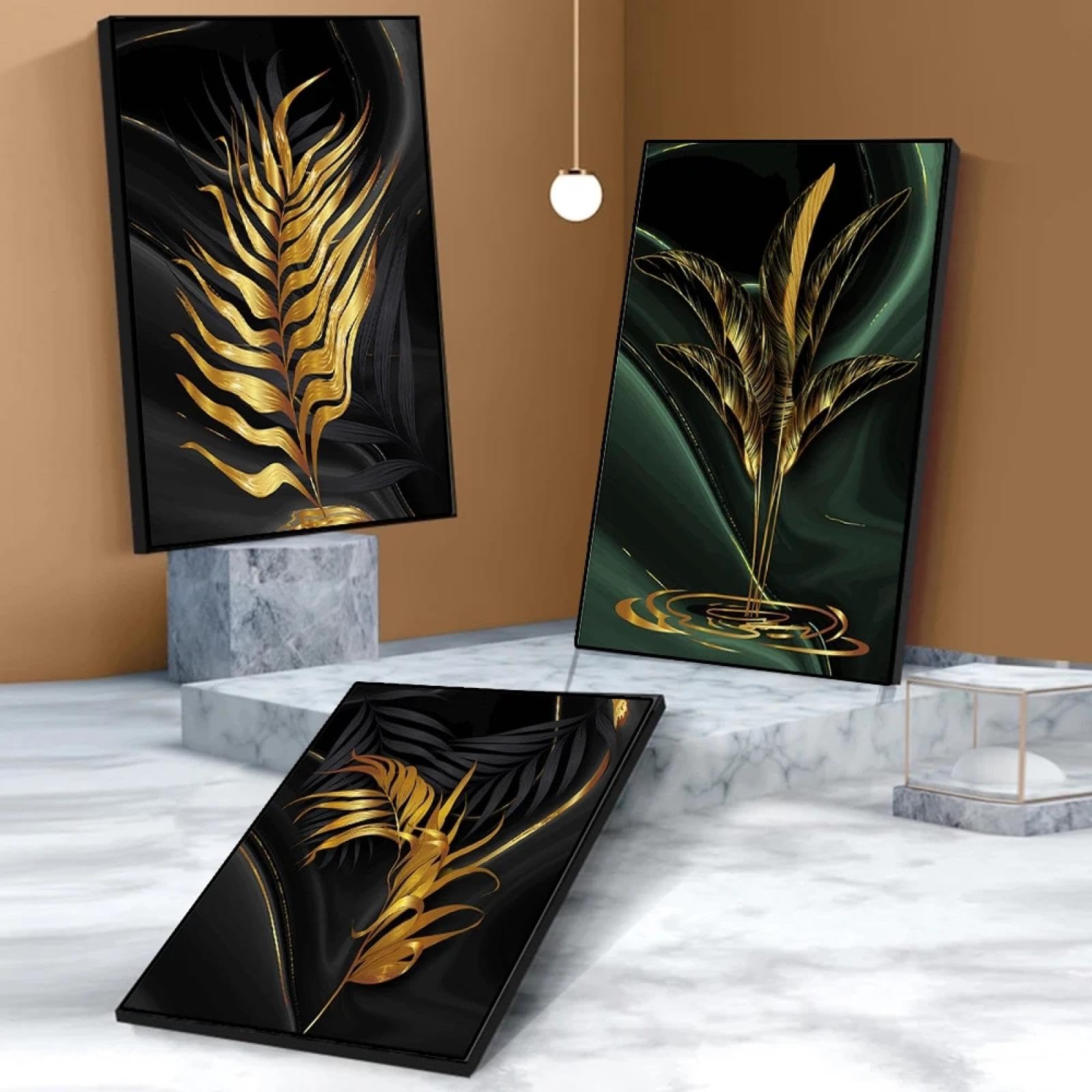 YIUEYI Moderno abstracto oro verde hoja negra 3 piezas lienzo pintura sala de estar hogar baño arte de la pared conjunto planta cartel imagen decoración 40x60cm (16x24in) x3 con marco