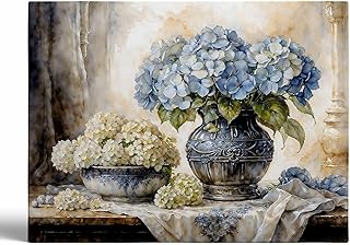 Blue and White Hydrangea Still Life Vintage Watercolor Print,Rustic Farmhouse Floral Wall Art,Botanical Wall Prints for Living Room Cottagecore Decor 11x14inch Framed Art