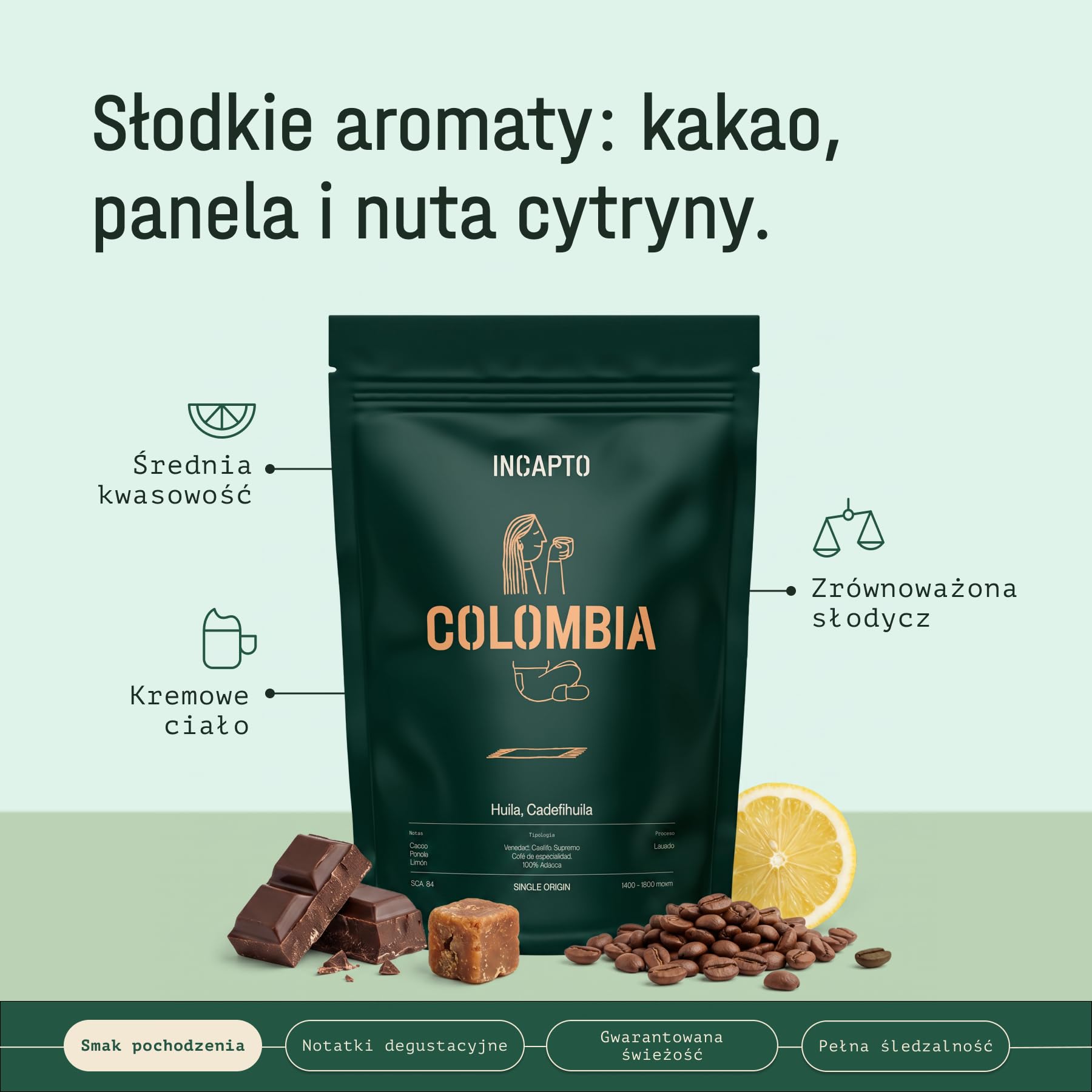 Incapto Kawa ziarnista Specialty 1 kg | Pochodzenie: Kolumbia | 100% Arabica | Kawa segmentu Specialty (84 punkty SCA) | Naturalny, rzemieślniczy proces palenia | Huila Estate, Cadefihuila