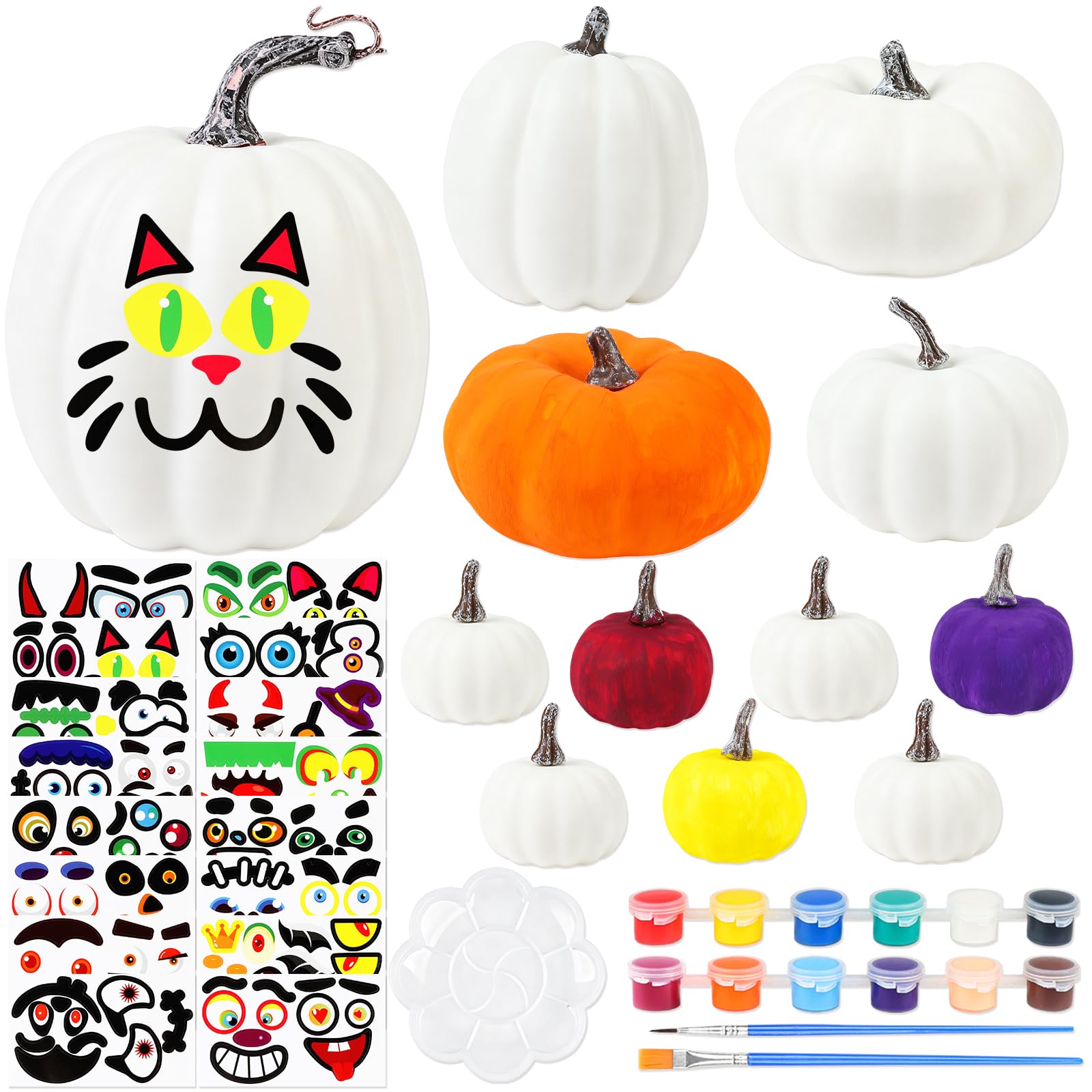 RumonZS 12Pack Unpainted White Pumpkin kit with Brush Paint Palette Sticker