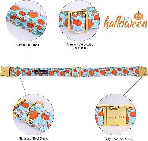 Miniatura 4 de ARING PET Collar de perro de Halloween de algodón con diseño de calabaza con lazo, ajustable de calabaza azul, collares para cachorros con hebilla