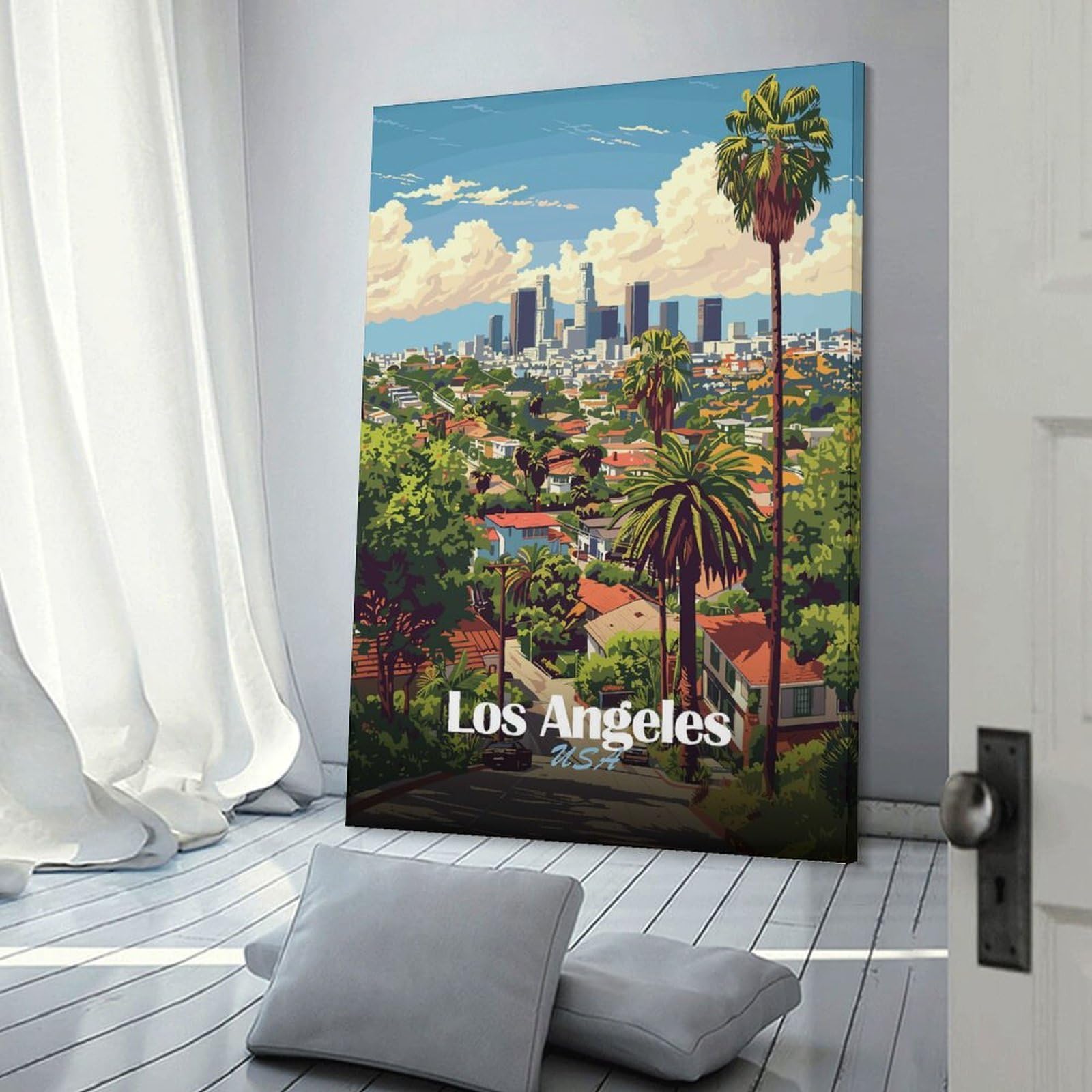 Junmoney Los Angeles Cityscape Illustration(2) Hanging Wall Art 12x18inch(30x45cm), for New Homes, Bedrooms Or Workspaces, Thoughtful Wall Decor for Art Lovers
