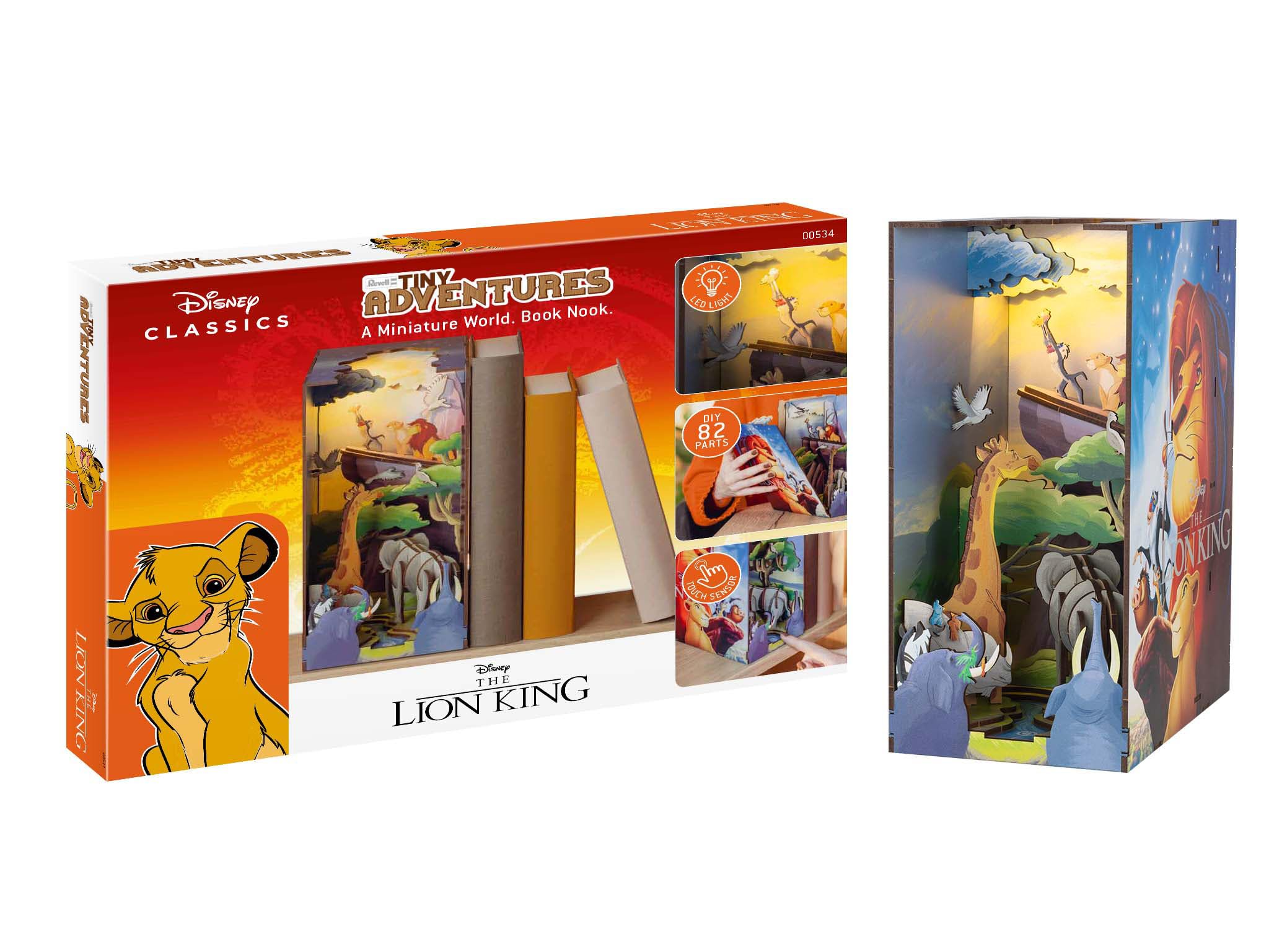 Revell Tiny Adventures Bookend Lion King I Disney 3D Wooden Puzzle with LED I Simba Scene as Miniature Book Nook for Bookshelf I Creative Gift for Children, Film Fans & Craft Enthusiasts