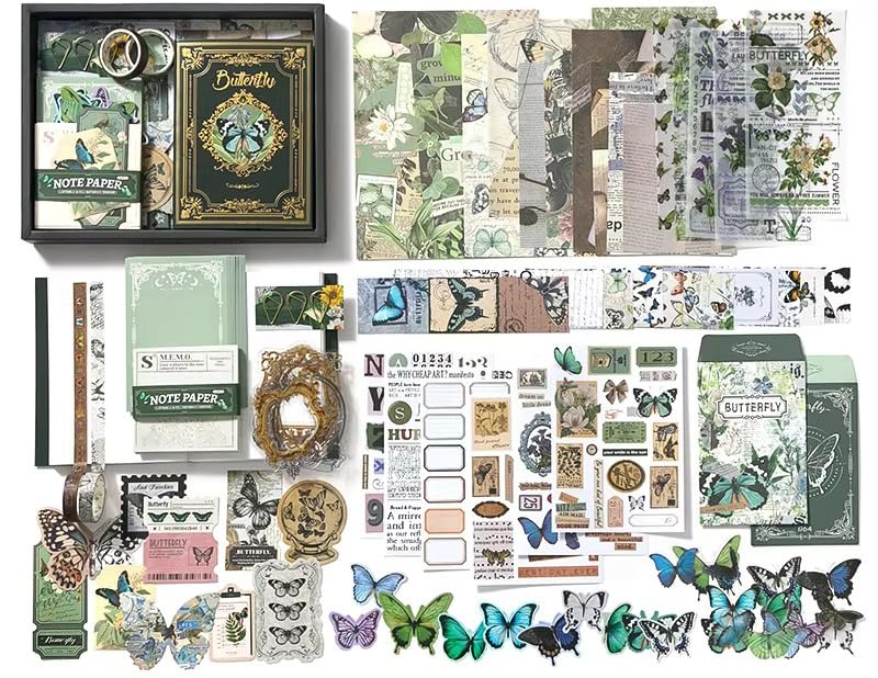 Image of VOTDOT Paper Junk Journal & Scrapbook Kit, Scrapbooking Supplies Kit with Creative Decor Journaling Supplies, Stationery, Stickers, A6 Grid Notebook with Graph Ruled Page Gift for Girl (Harry Potter Butterfly Green)