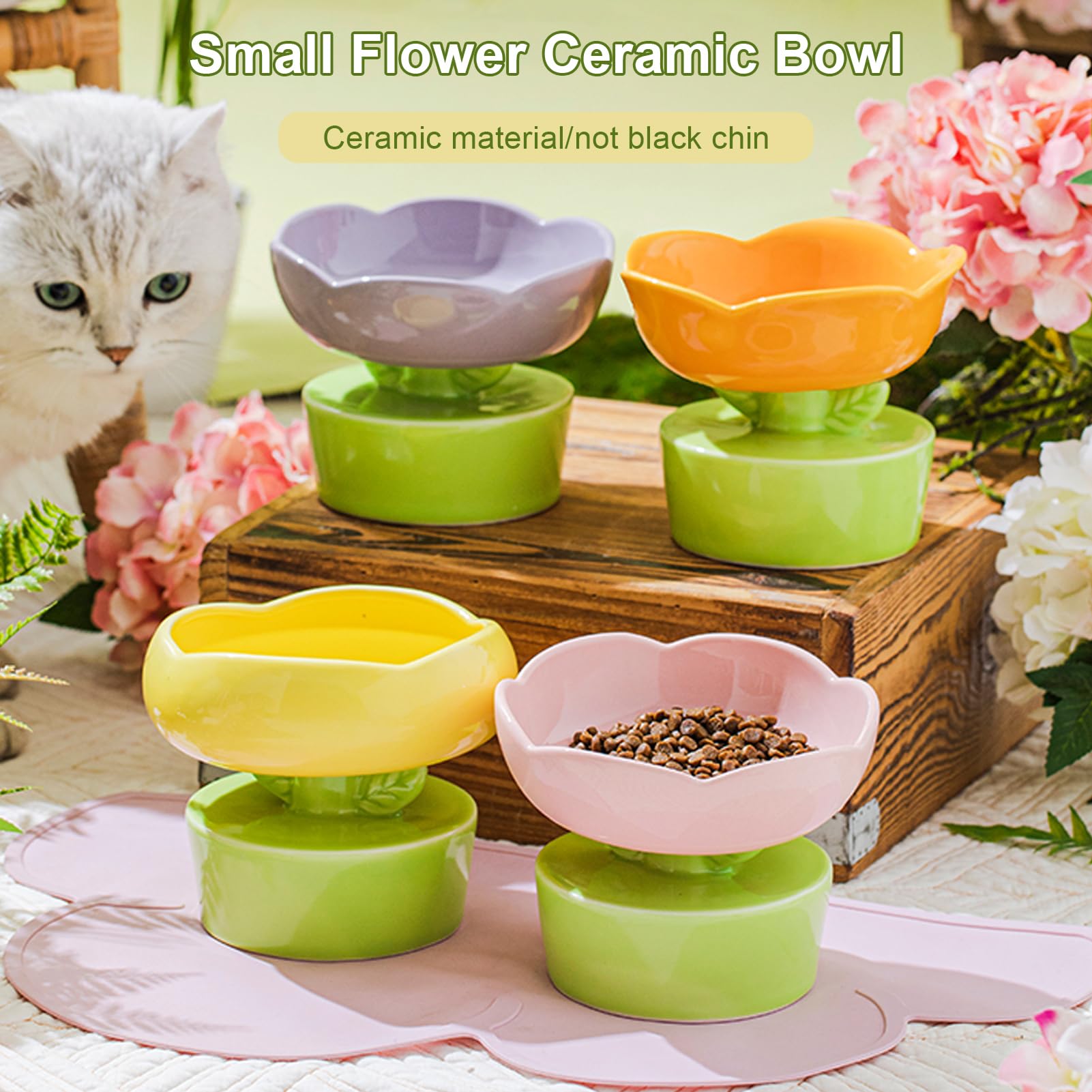 Whimsicalfox Ceramic Slow Feeder Bowl For Cats & Small Dogs - Pink Flower Design, Raised No-Slip Bowl For Dry & Wet Food - View #9