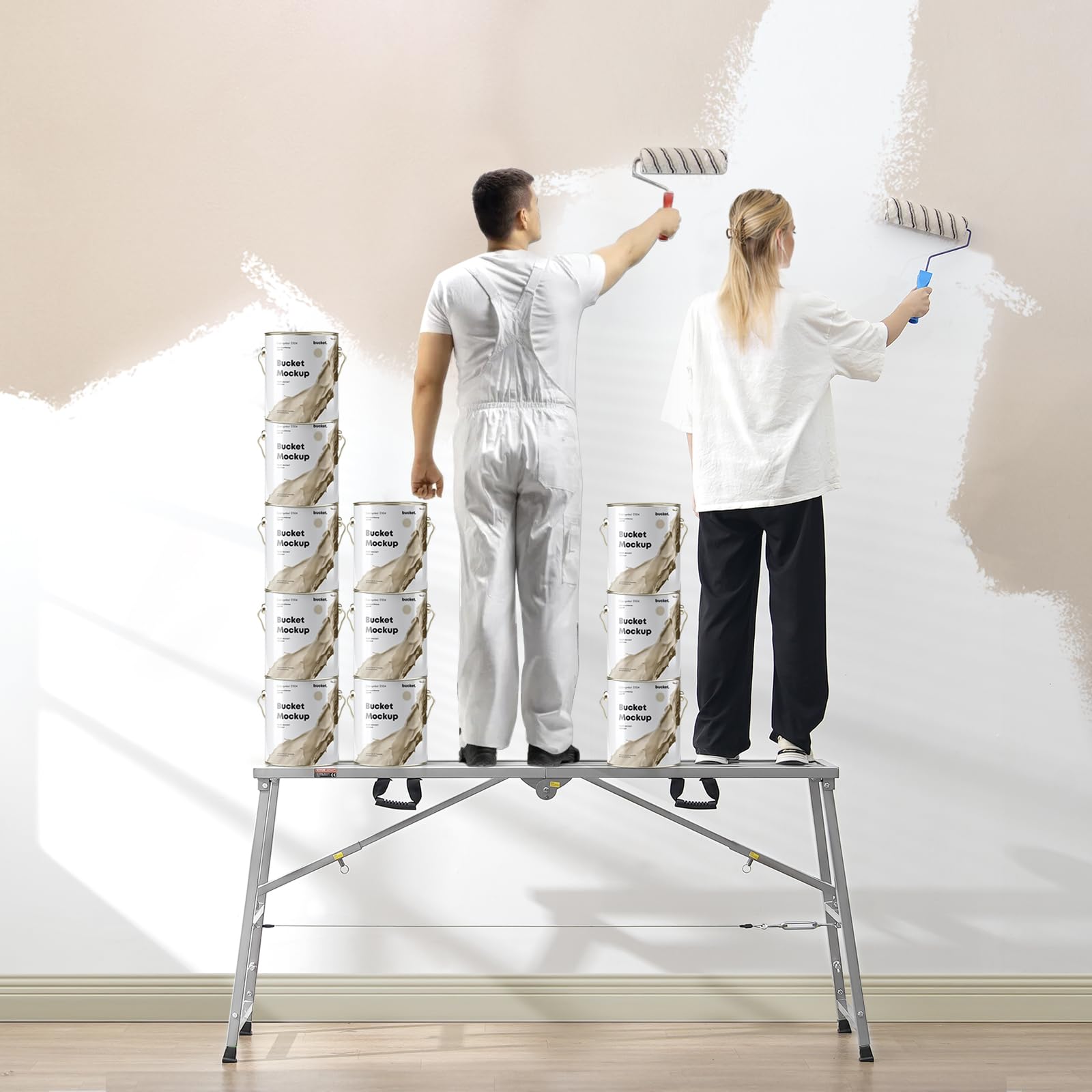 VEVOR Plataforma de Trabajo, Altura Ajustable de 4 Velocidades 80-130 cm, Escalera de Acero de Aleación Plegable, Carga de 400 kg, Pies de Goma Antideslizantes, para Pintar Paneles de Yeso, Limpieza