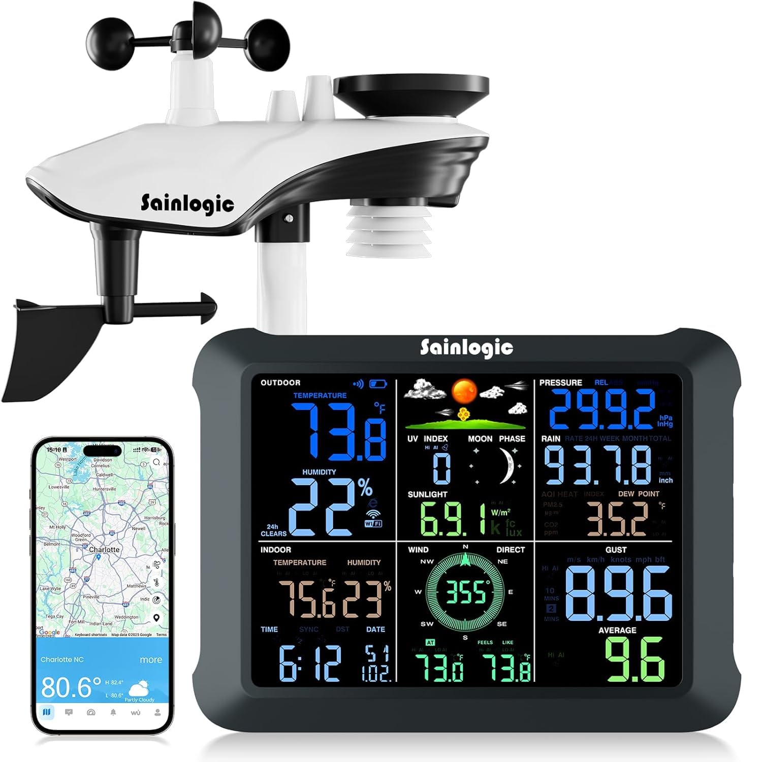 Sainlogic WiFi Smart Weather Station SA9 with 24H/ 7Days Accurate Weather Forecast by Weatherseed® AI, 8.5" Large Display,UV,Sun Light,Rain Gauge,Wind Gauge