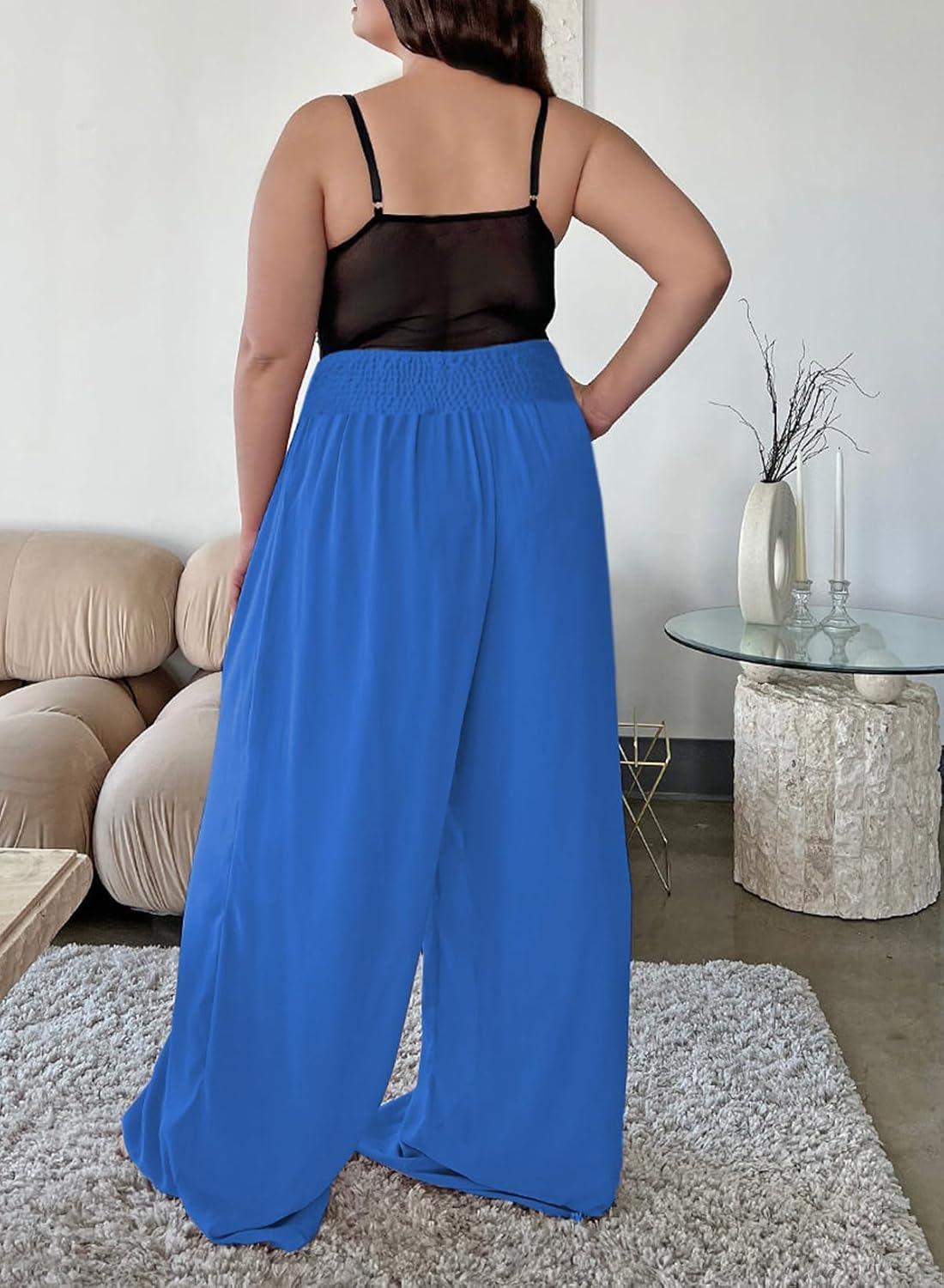 Eytino Women Plus Size Wide Leg Pants Casual Loose Smocked High Waisted Lounge Pajama Palazzo Pants(1X-5X) - Image 2