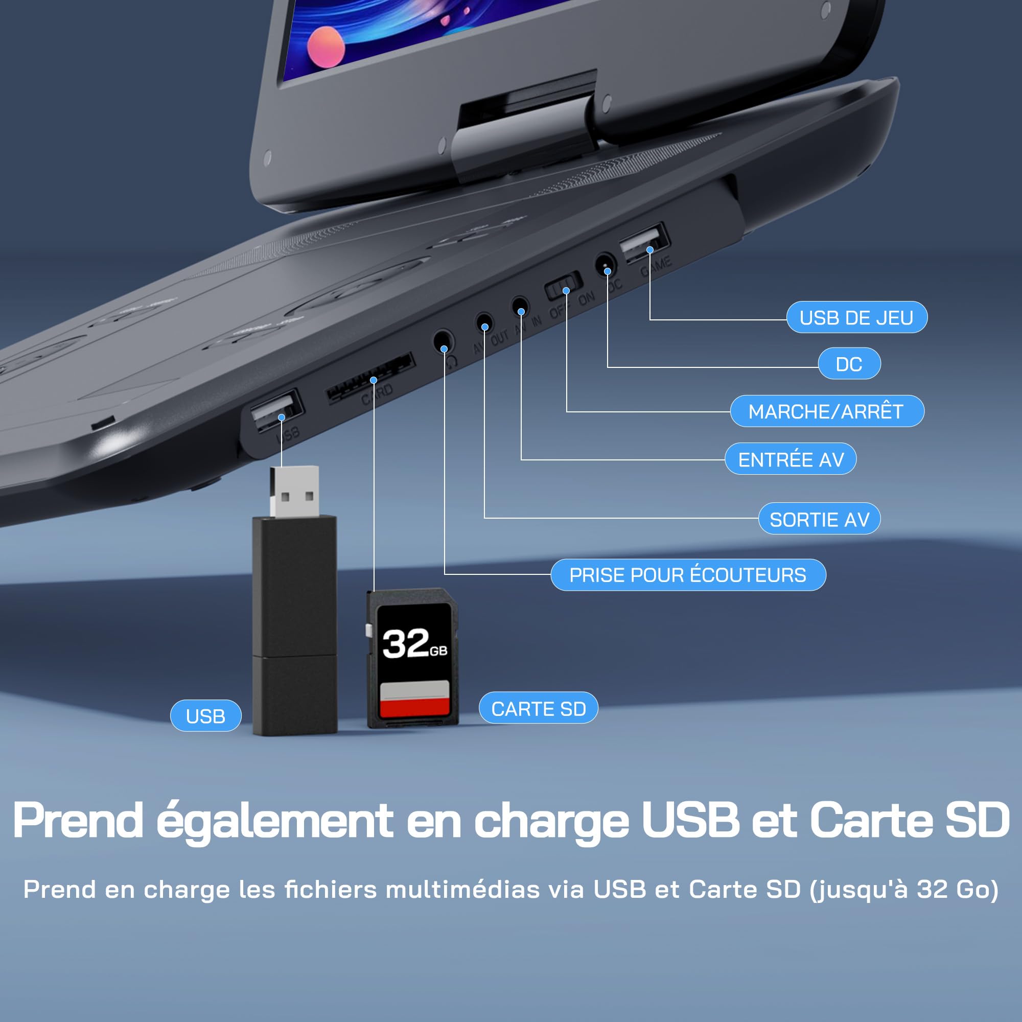 WOLFANG Lecteur DVD Portable 17,5" Écran HD 15,6" Batterie 5000mAh Haut-Parleurs Stéréo USB SD