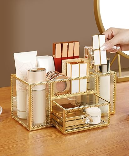 Miniatura 10 de FSyueyun Estuche organizador de maquillaje dorado, 3 capas de vidrio para almacenamiento de maquillaje, organizador de cosméticos, caja de joyería,