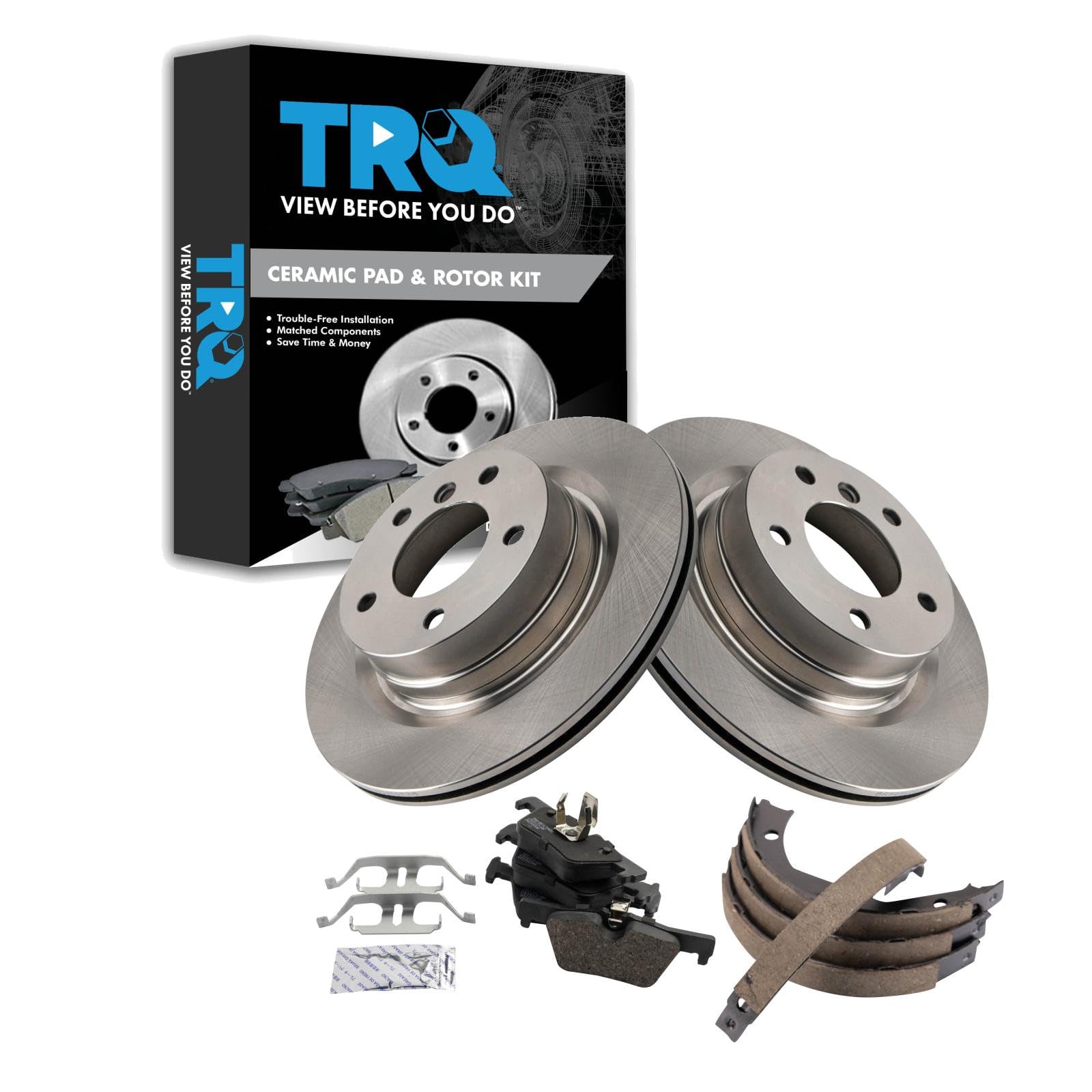 TRQ Rear Brake Pad and Rotor Set Ceramic Parking Brake Shoe Compatible with 2012-2013 BMW 328i 2014 428i 428i xDrive